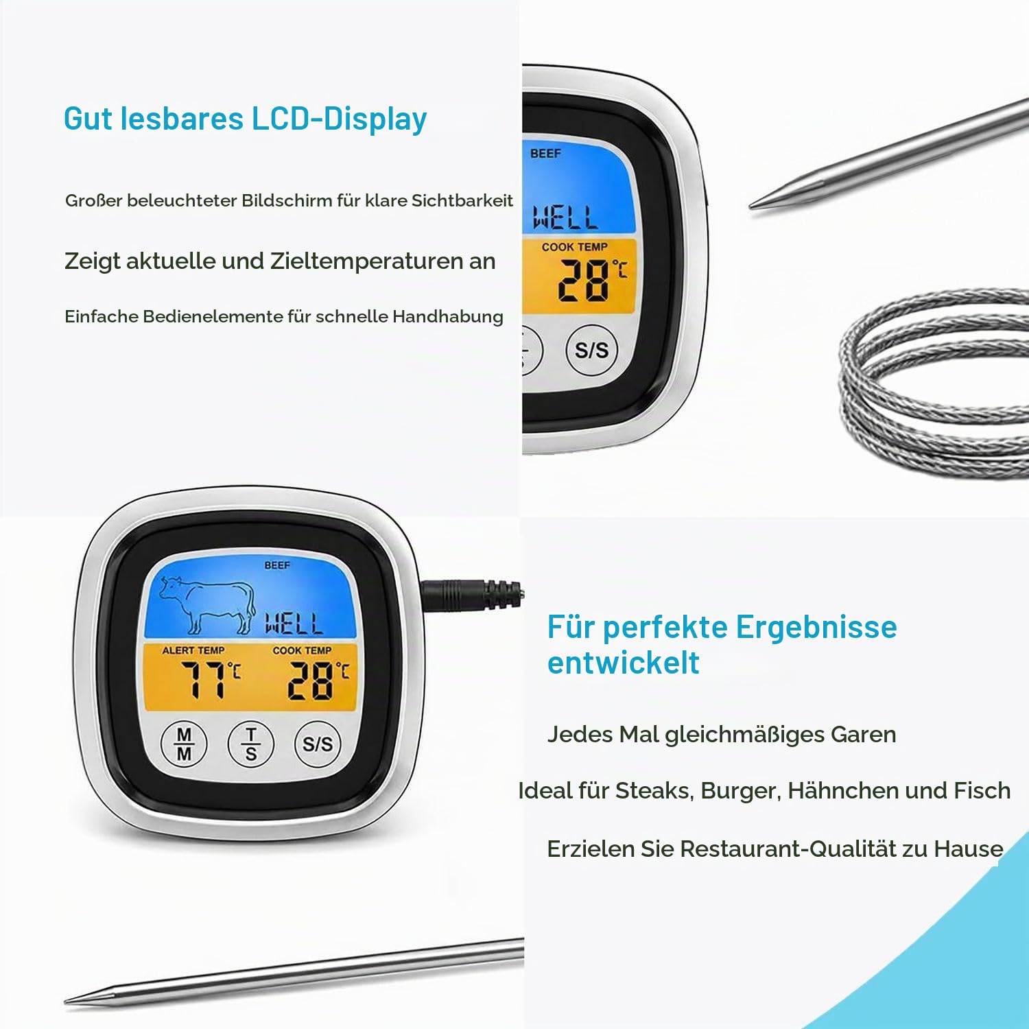 Intirilife Küche Grillthermometer digital Weiß 7x7 cm Timer