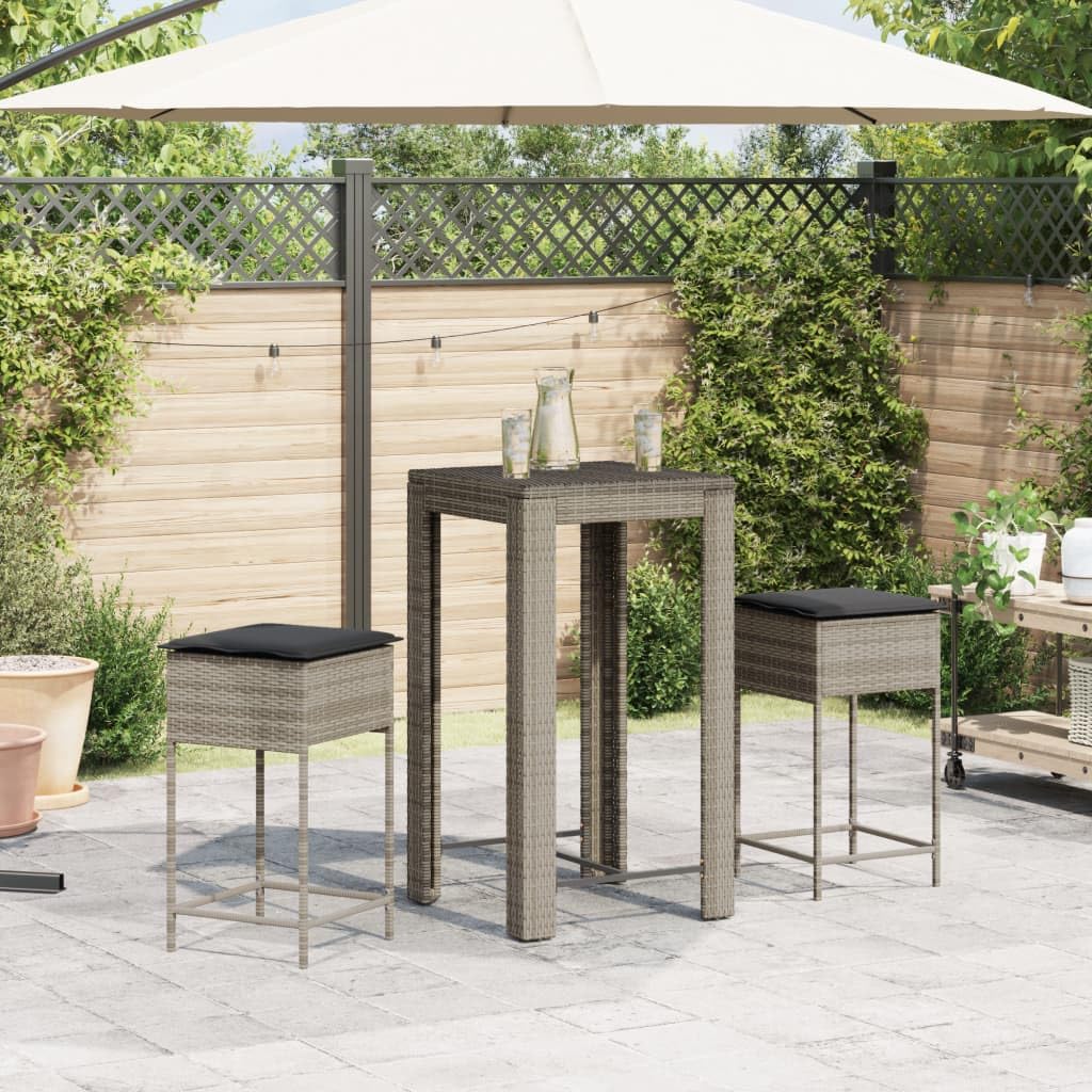 vidaXL Gartenbar Set 3-TLG Poly Rattan Grau mit Kissen