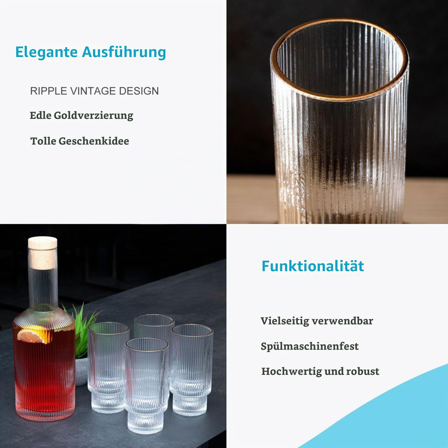 Intirilife Glaskaraffe Goldrand 1,7L Korken Wasserkaraffe