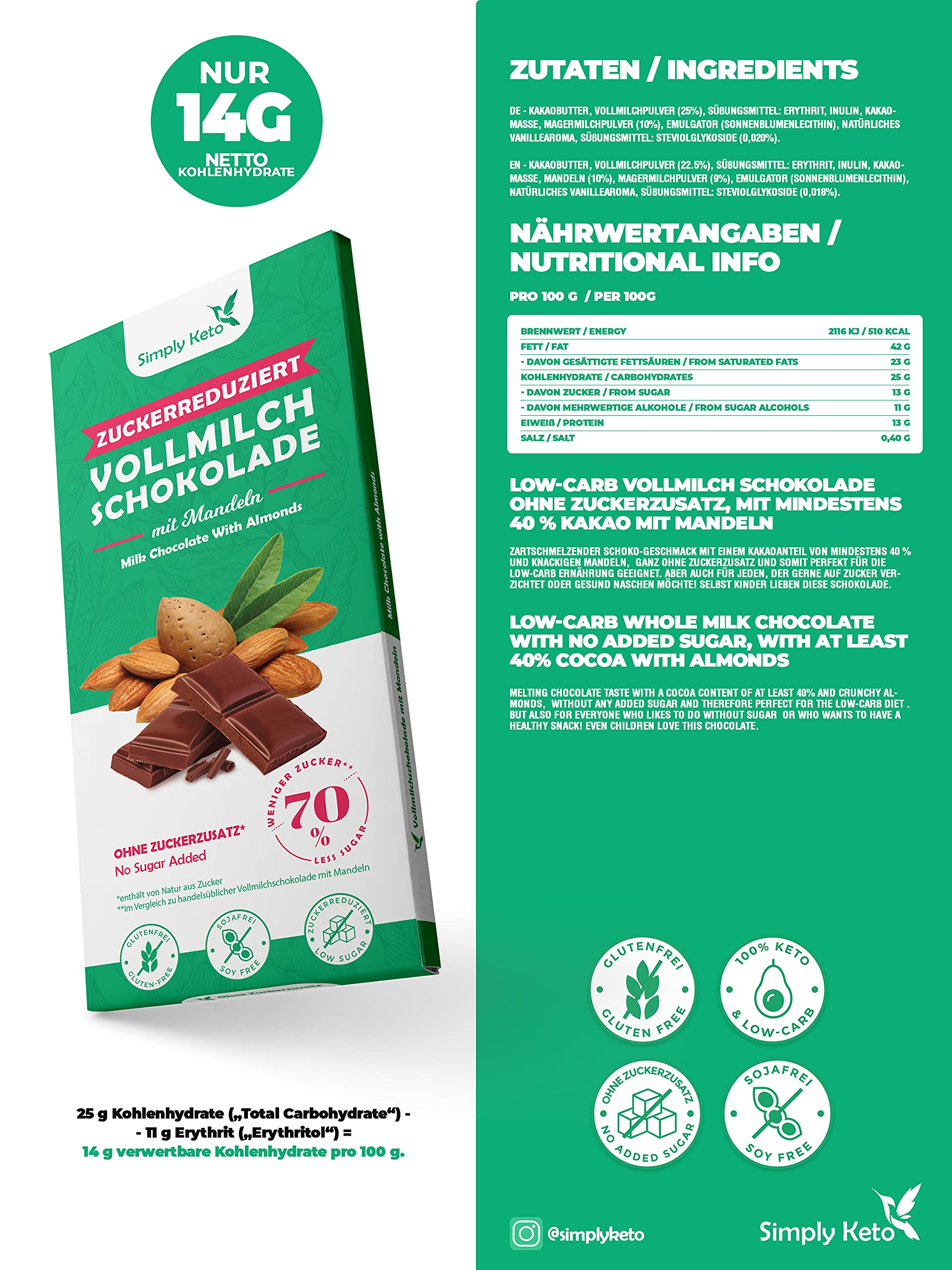Simply Keto Süße Snacks Schokolade Mandel 40% Kakao