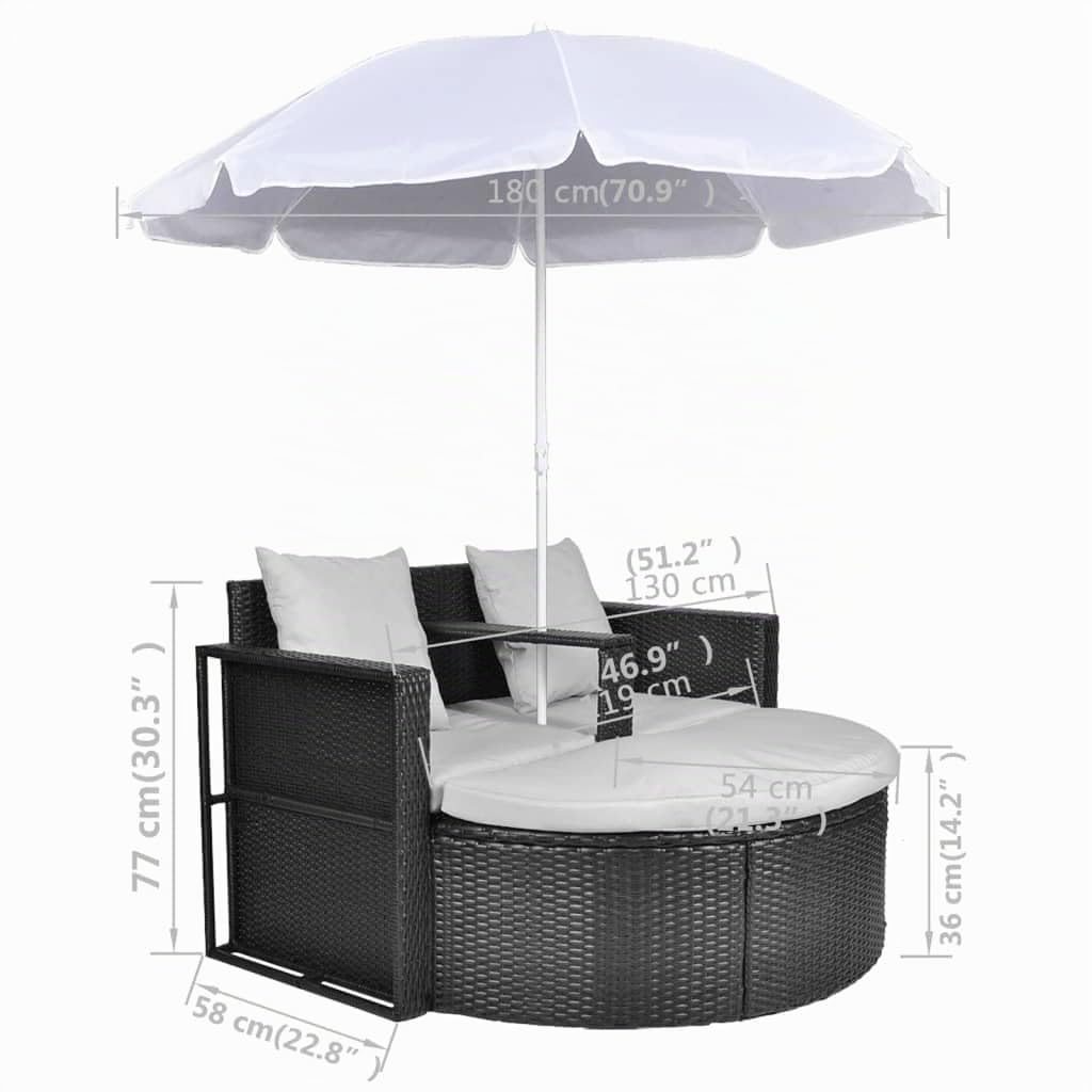 vidaXL Heim & Garten Gartenbett Poly Rattan Schwarz-Weiß mit Schirm
