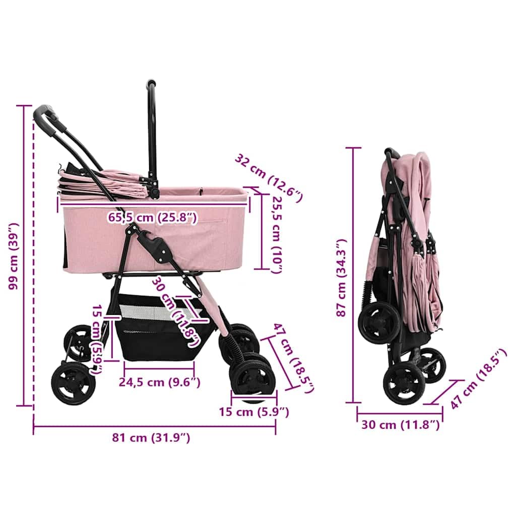 vidaXL Haustierwagen faltbar Rosa Polyester 81x47x99 cm