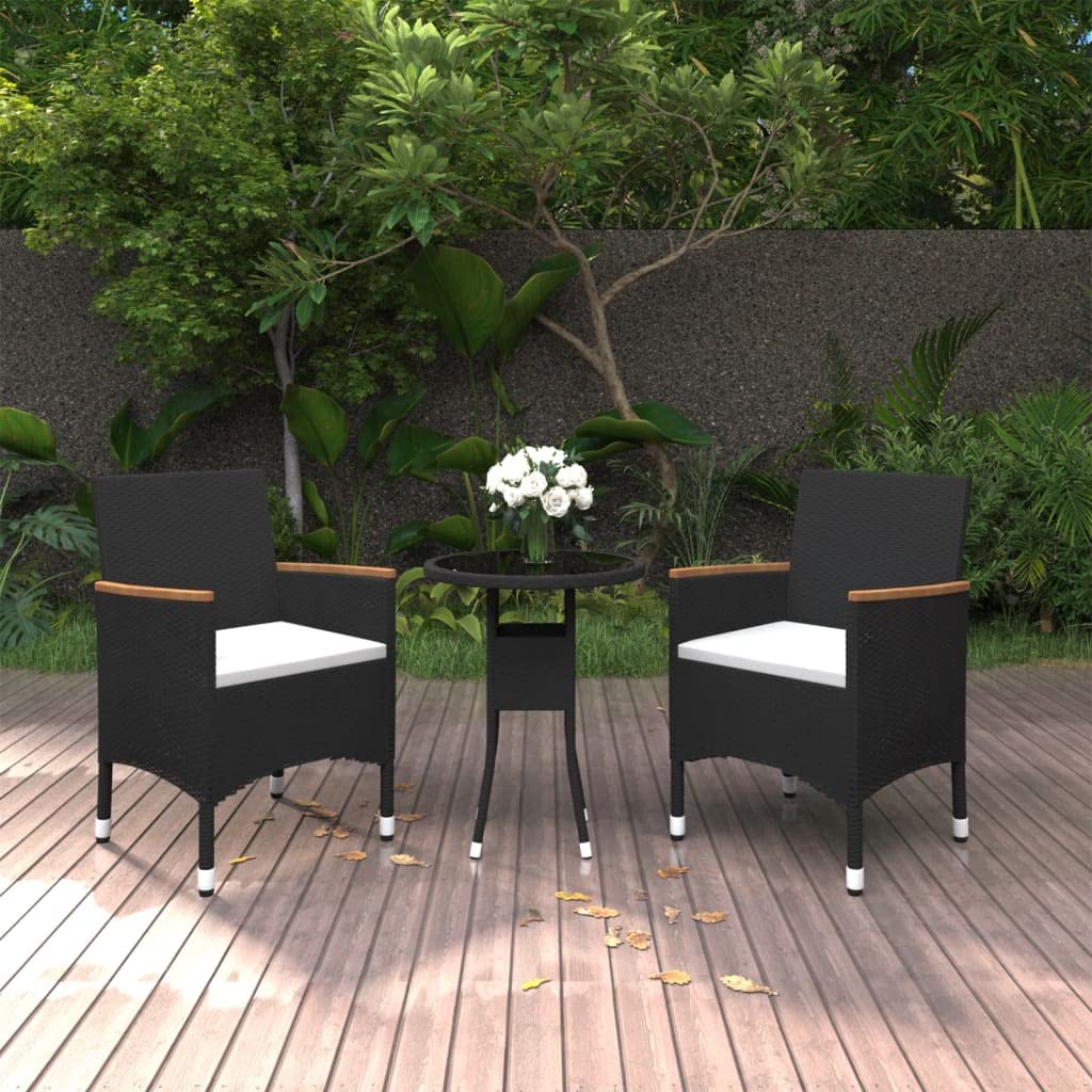 vidaXL Gartenmöbel 3-tlg Sitzgruppe Rattan Schwarz Glas