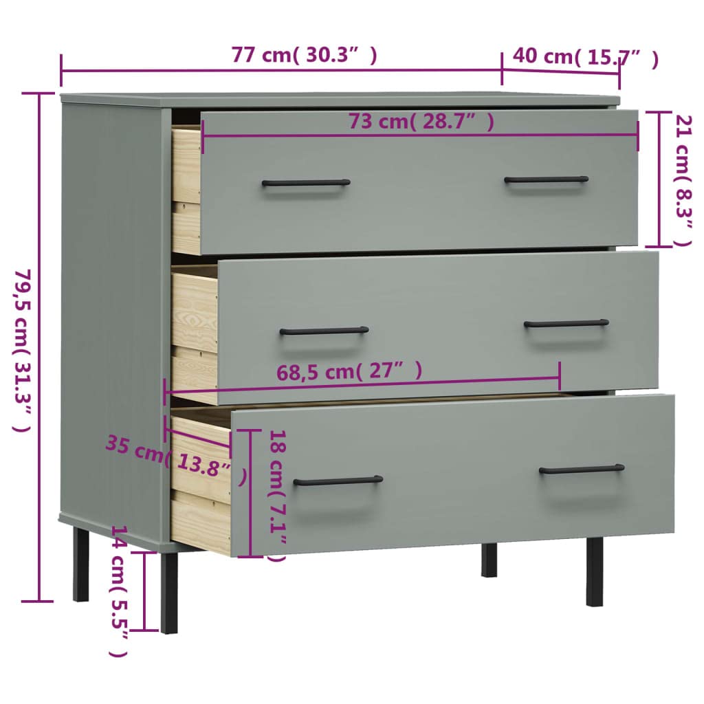 vidaXL Sideboard Grau 77x40x79,5 cm Massivholz Kommode 3 Schubladen
