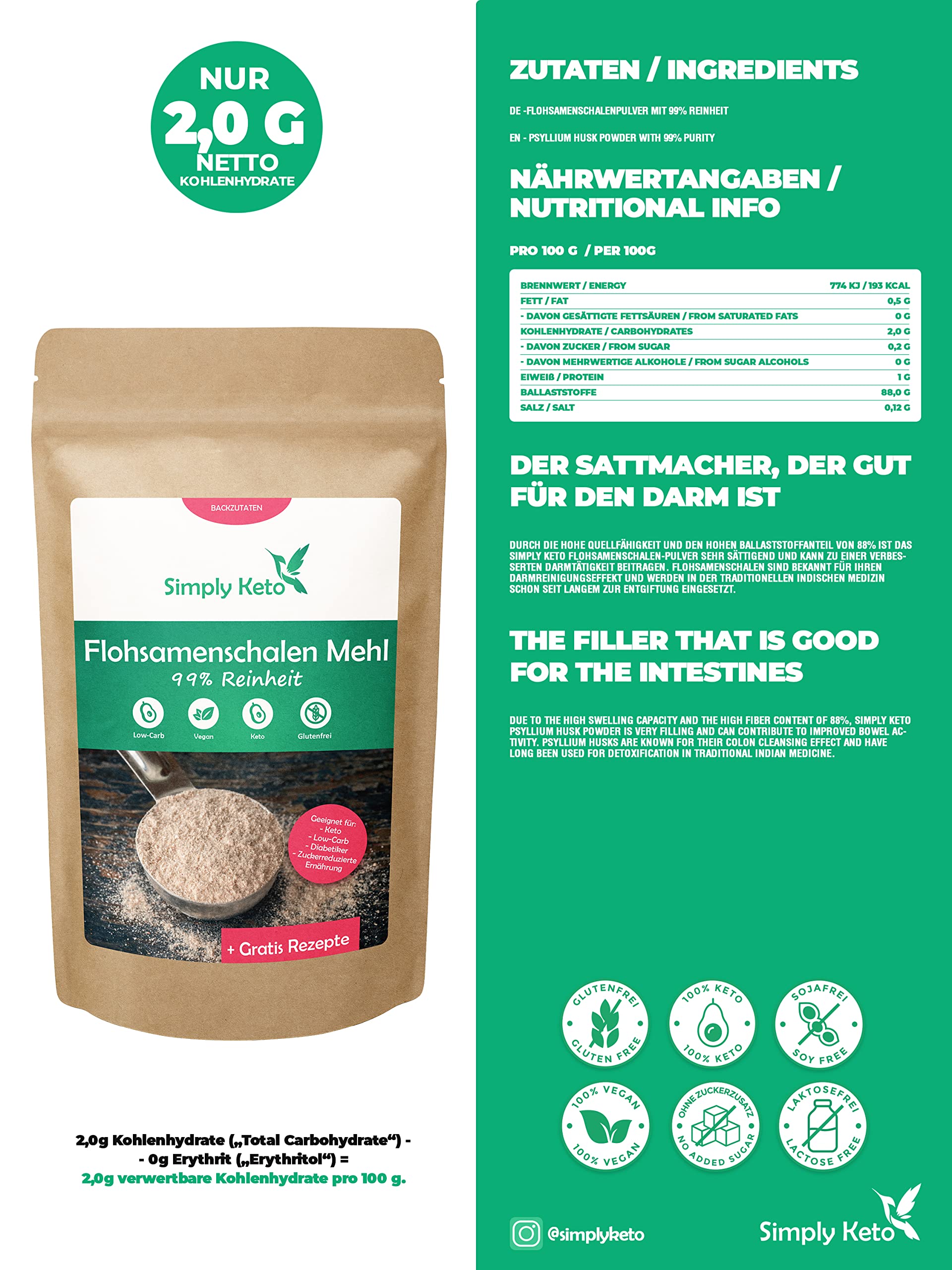 Keto Flohsamenschalen gemahlen 500 g glutenfrei