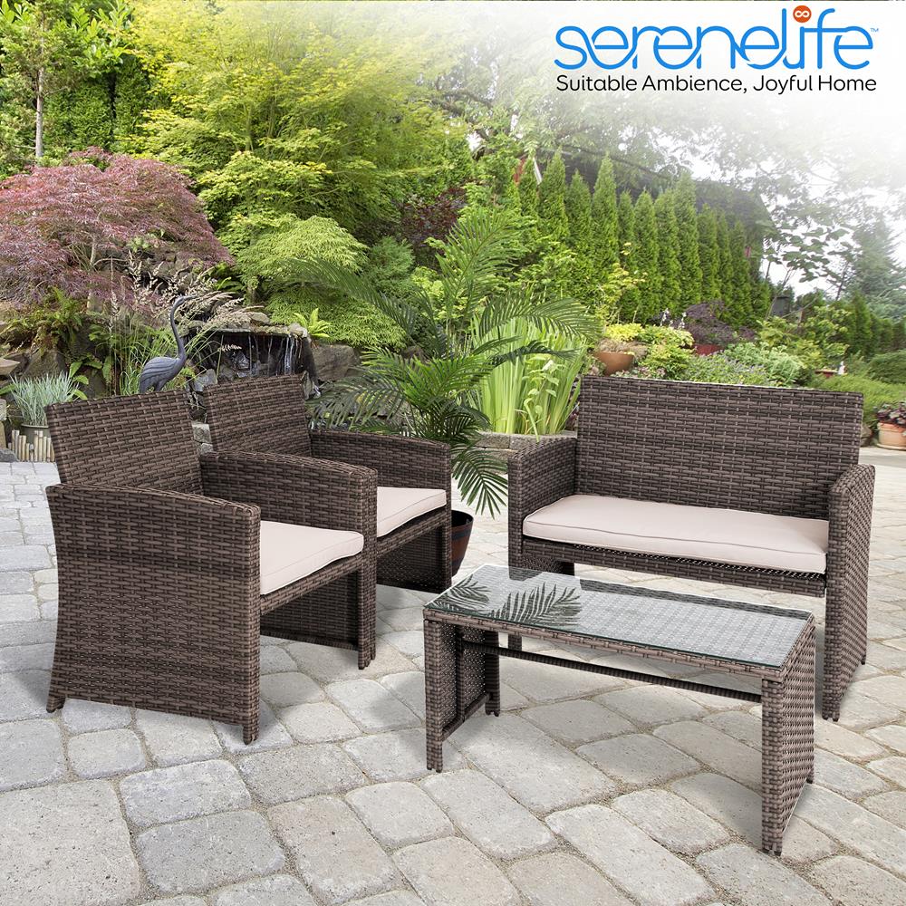 Serenelife Rattan Sitzgruppe 4-teilig Braun Beige Kissen Glastisch
