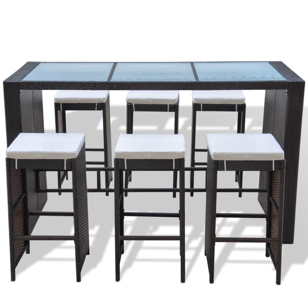 vidaXL Gartenbar Set 7-tlg PE Rattan Braun Bartisch 6 Hocker