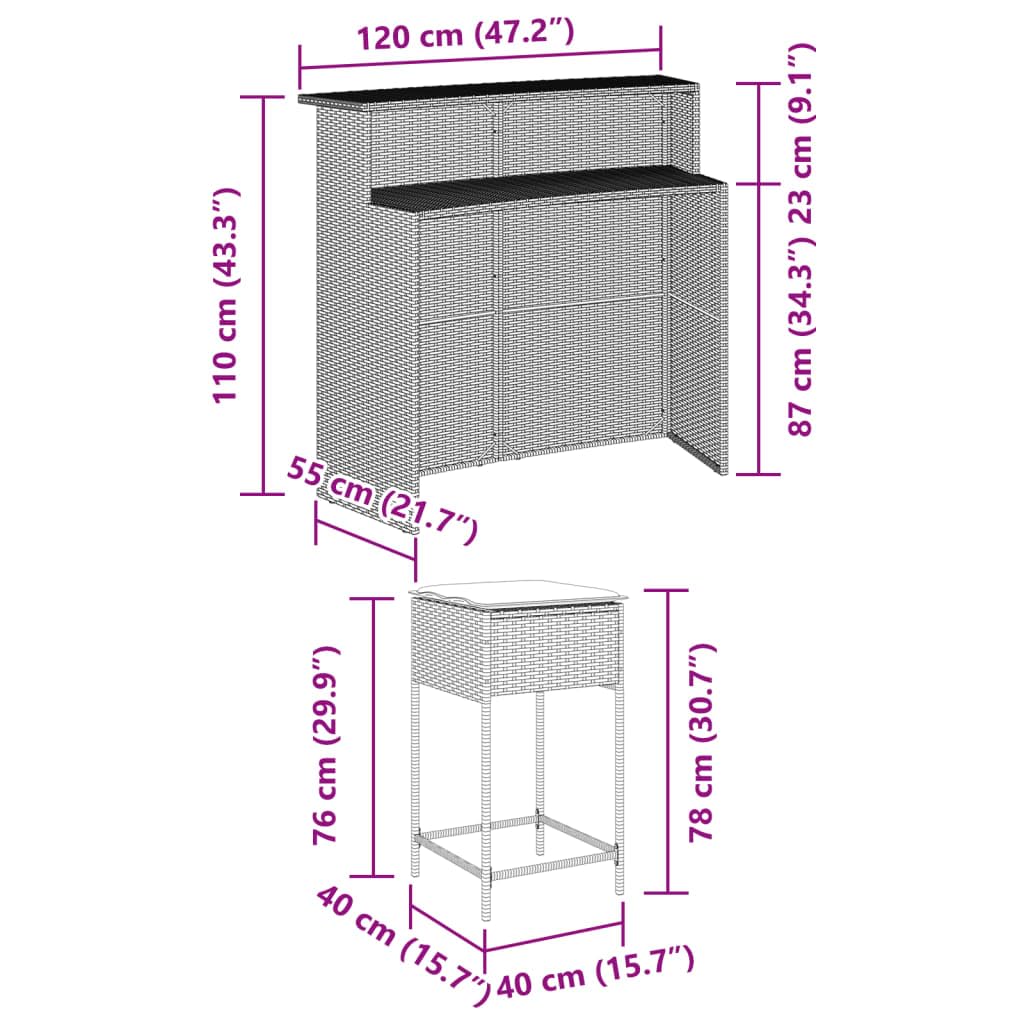 vidaXL Gartenbar-Set 3-TLG Poly Rattan Braun mit Kissen
