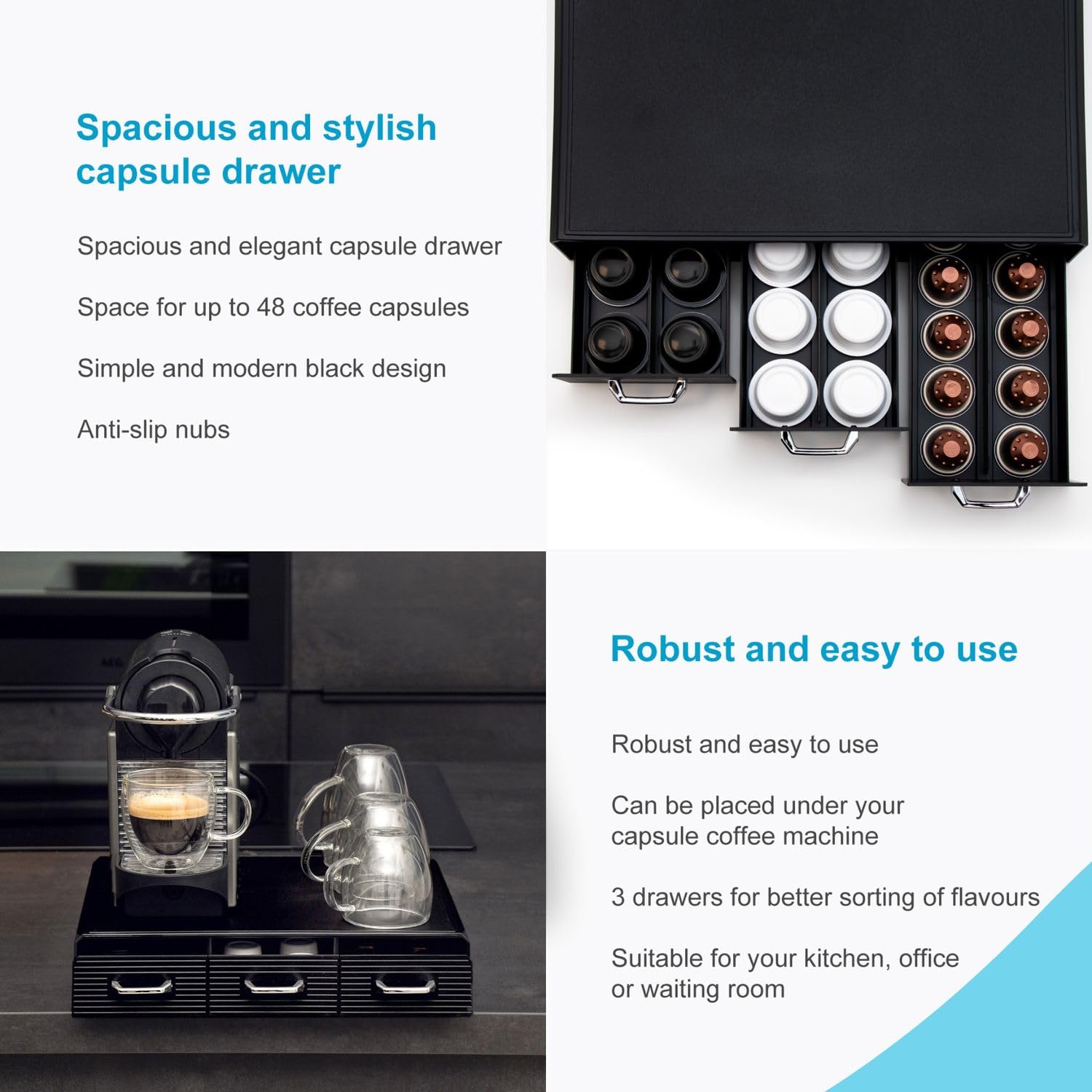 Intirilife Kaffee Kapselhalter Schwarz 3 Schubladen 48 Kapseln