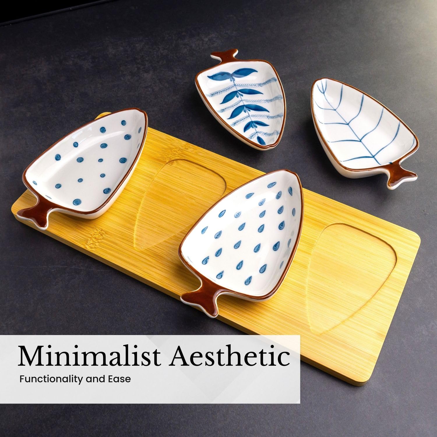 Intirilife Dip-Schalen Set 4 Schälchen Keramik blau-weiß mit Tablett