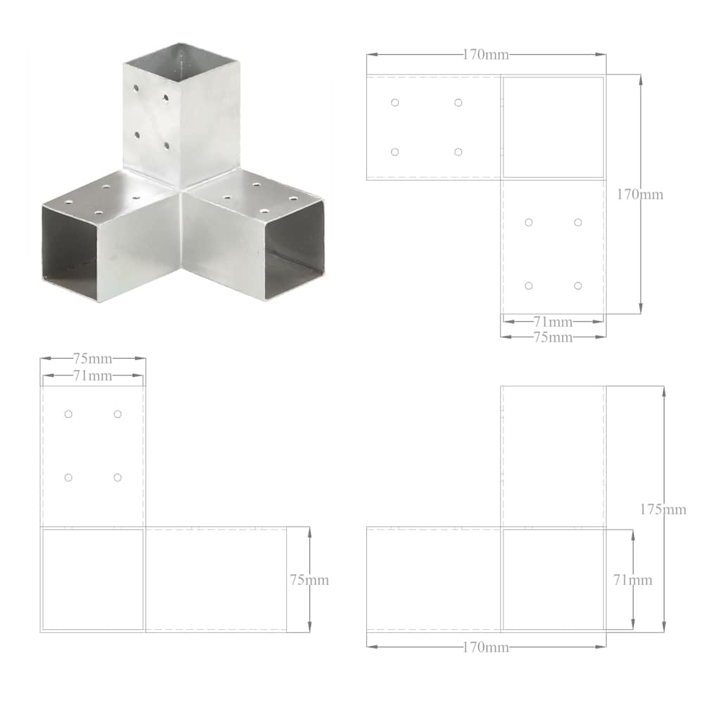 vidaXL Pfostenverbinder 71x71mm Verzinkt Y-Form 4 Stück Metall