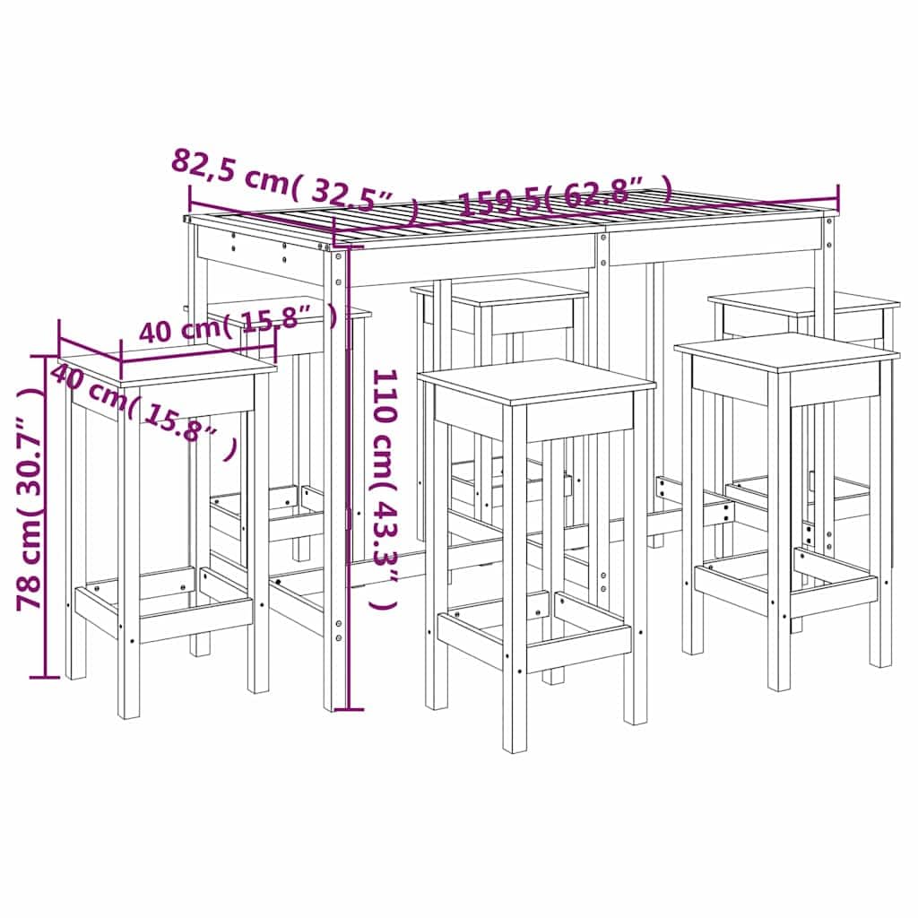 vidaXL Gartenbar-Set 7-TLG. Weiß Kiefer Massivholz