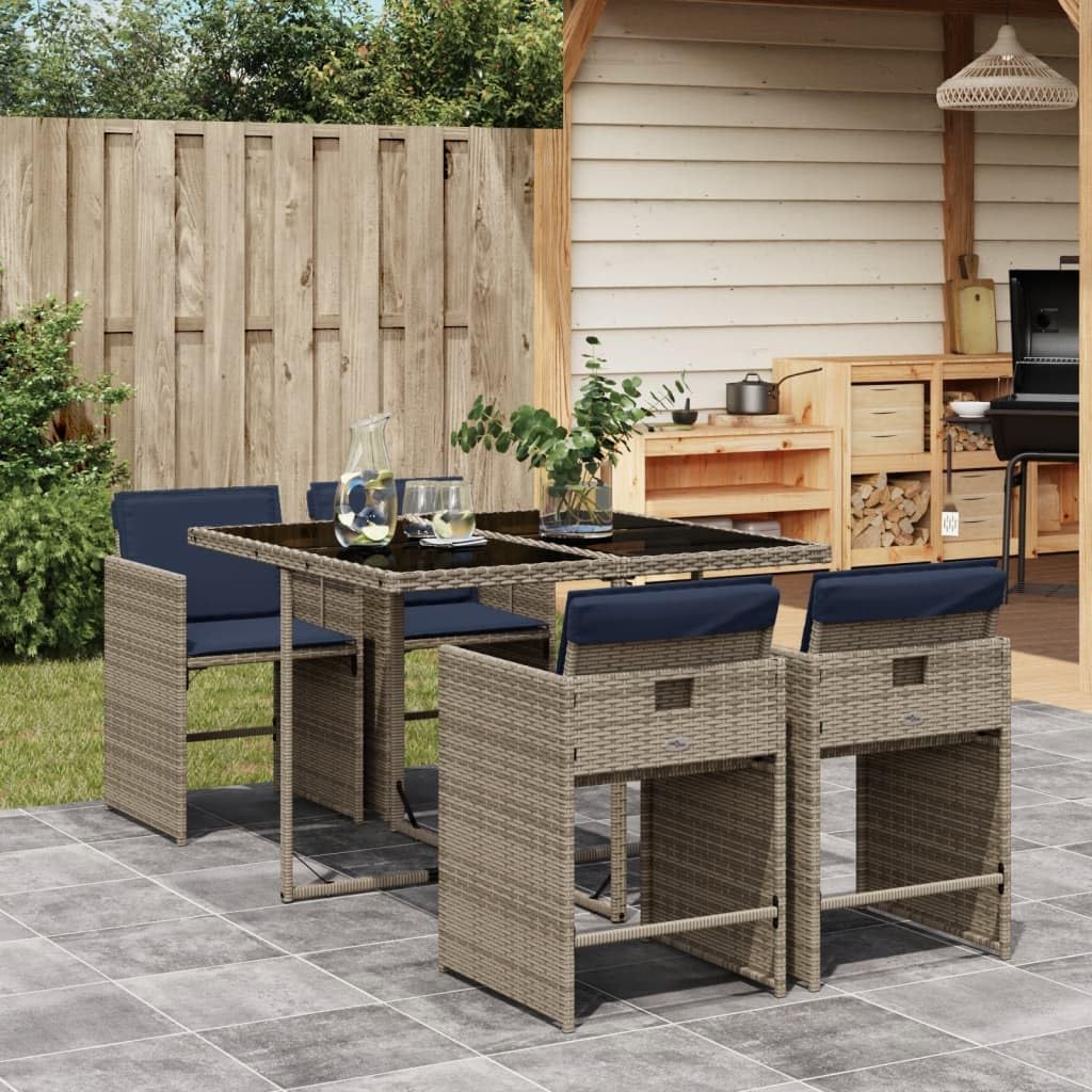 vidaXL 5-tlg Garten Ess-Set Poly-Rattan Grau mit Kissen