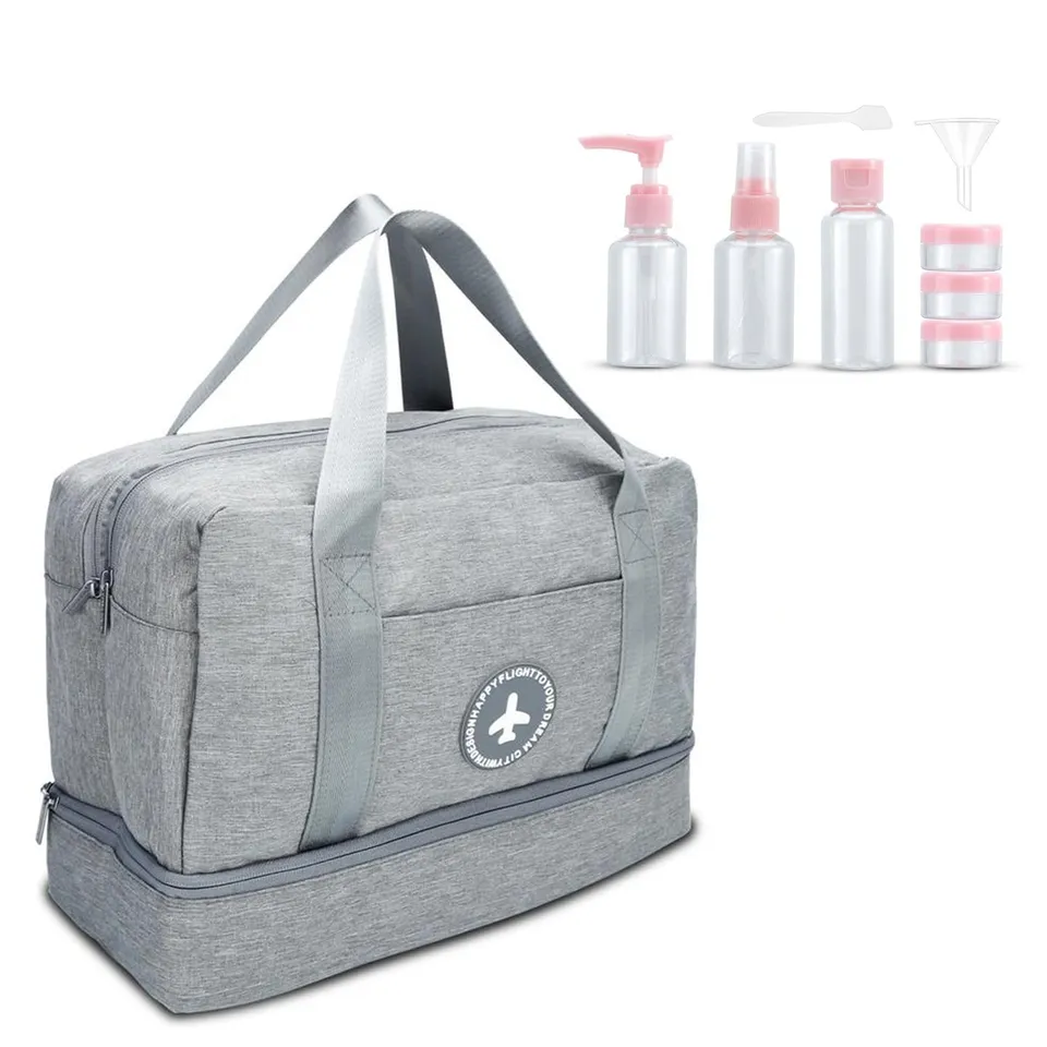 Intirilife Reiseset Reisetasche Grau Rosa mit Flaschen
