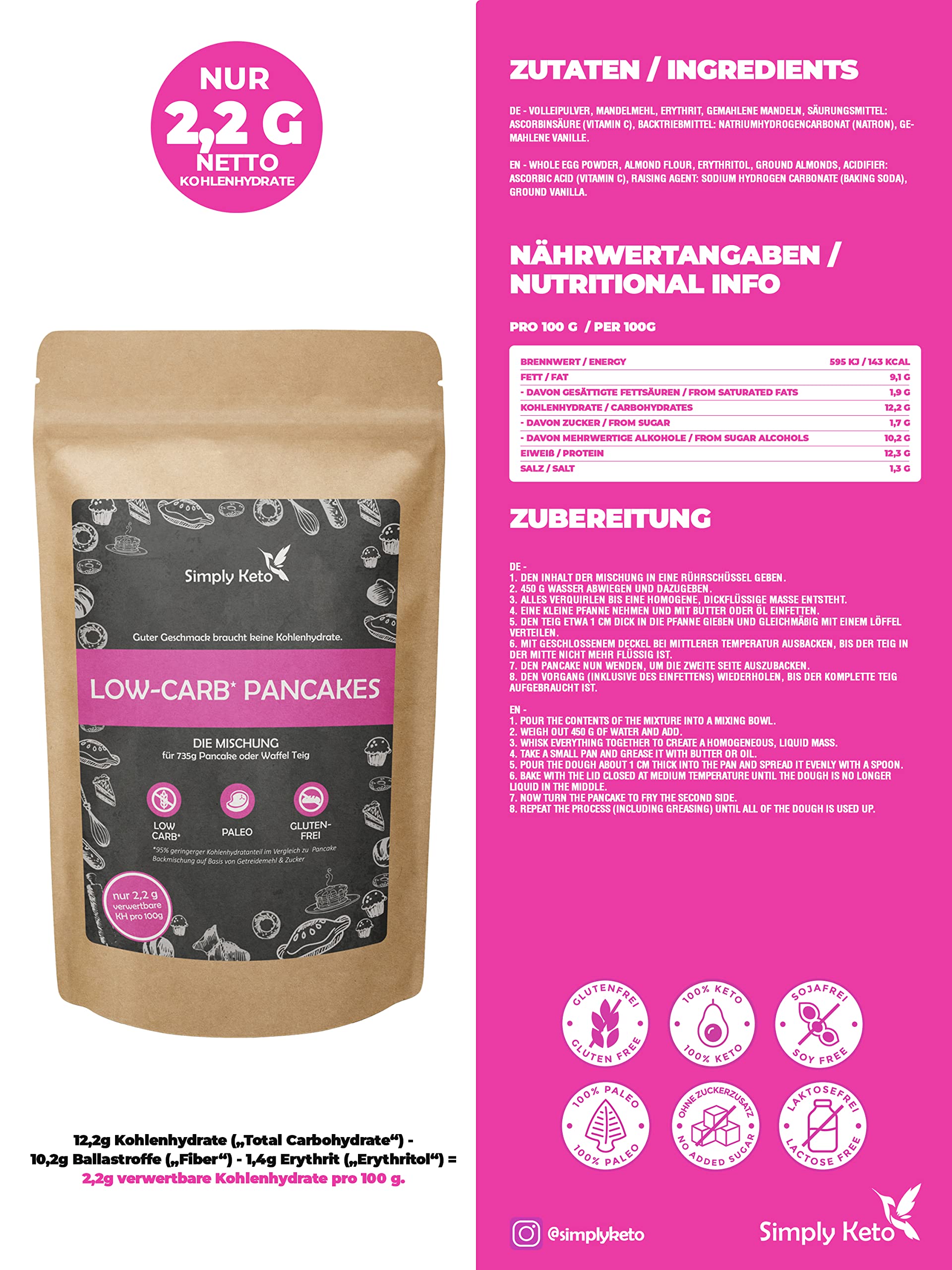 Simply Keto Pancake Mix Backmischung Low Carb 285 g glutenfrei