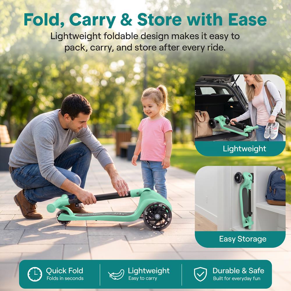Serenelife Scooters Kinderroller 3-Rad Mint LED Klappbar