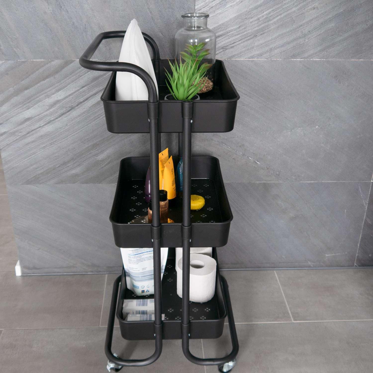 Intirilife Rollwagen 3 Ebenen Schwarz Servierwagen 42x37cm