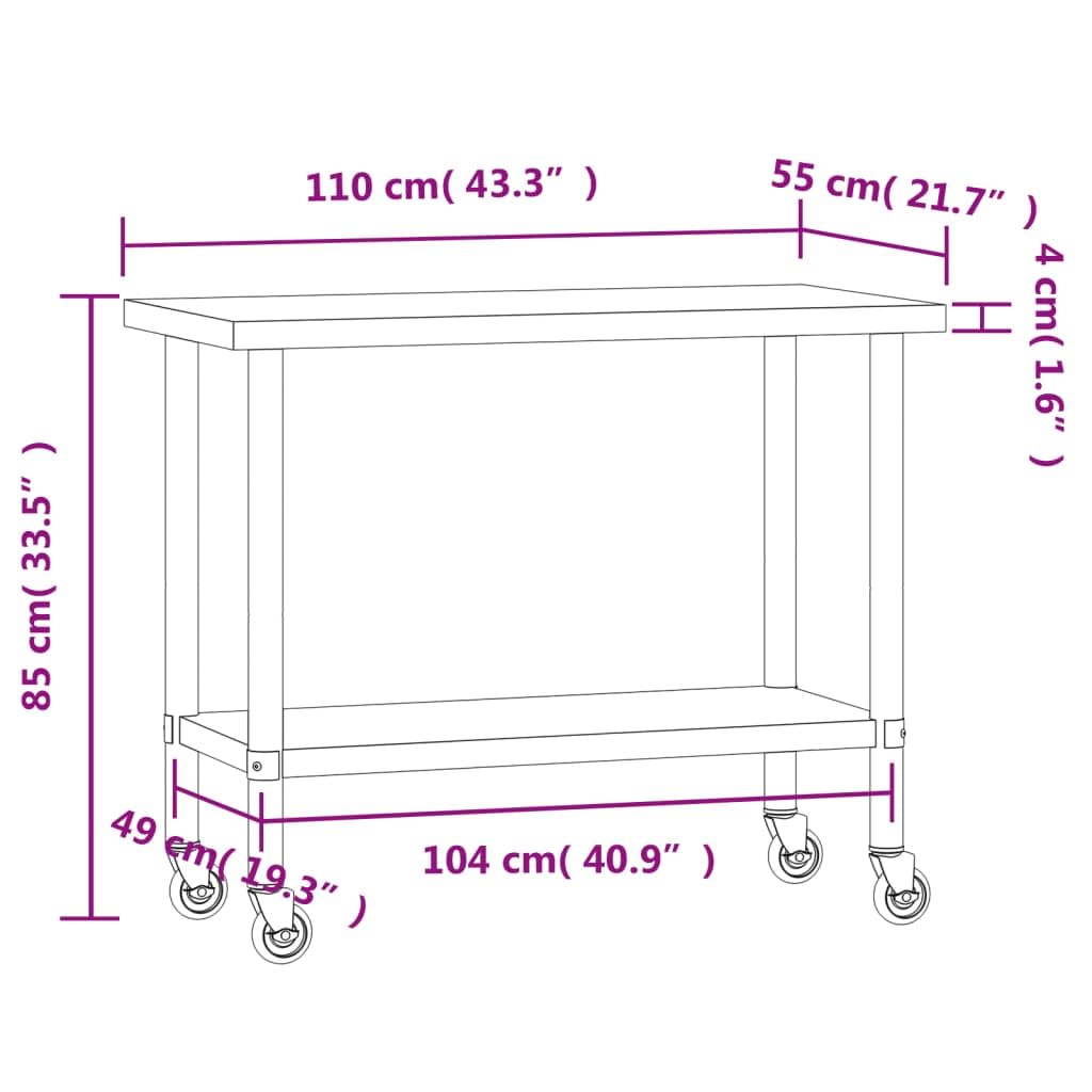 vidaXL Heim & Garten Küchen-Arbeitstisch Edelstahl 110x55x85 cm mit Rollen