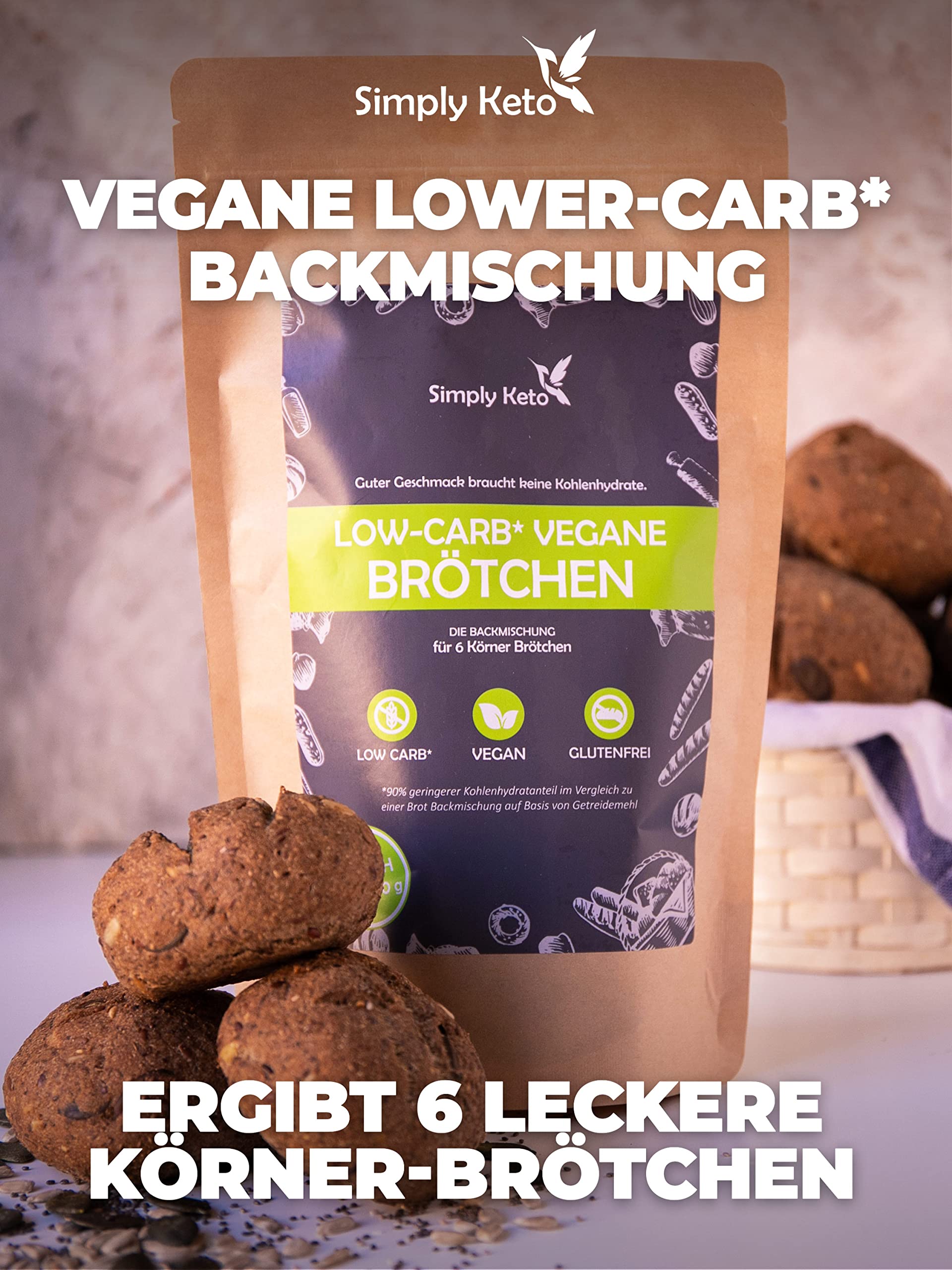 Keto Vegane Lower Carb Brötchen Backmischung 335g glutenfrei