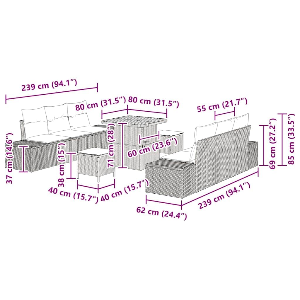 vidaXL Gartensofa-Set Schwarz 9-tlg Poly-Rattan