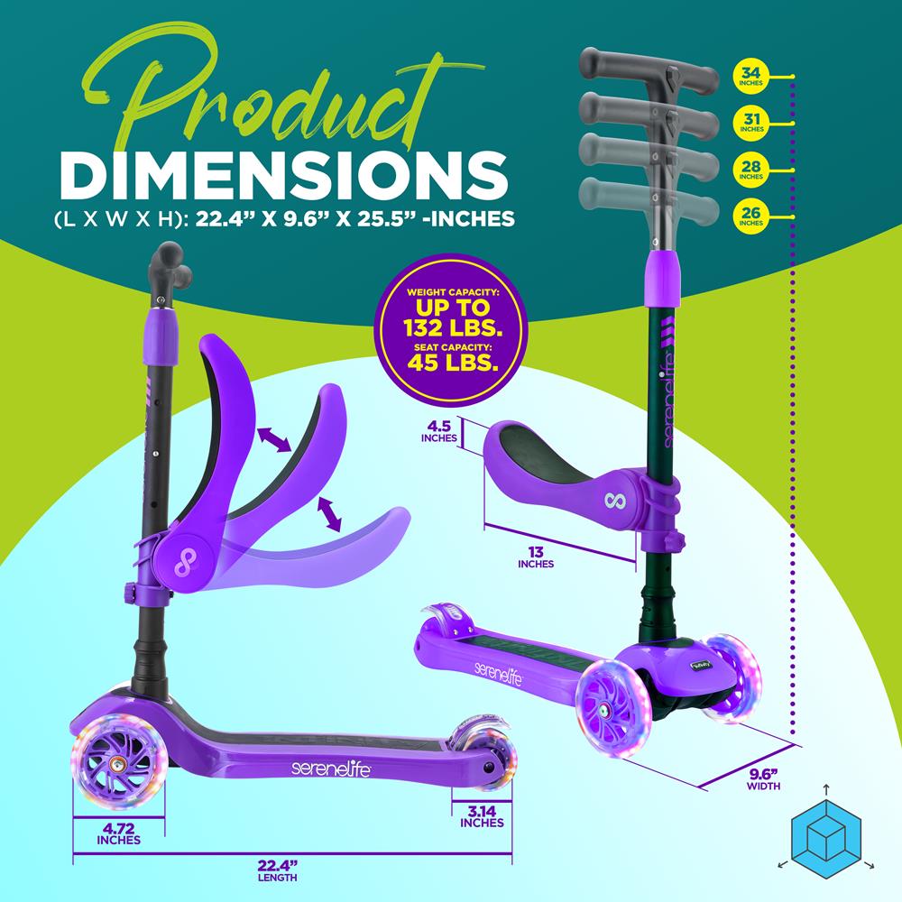 Serenelife Scooters Kinderroller 3-Rad Lila mit Sitz und LED