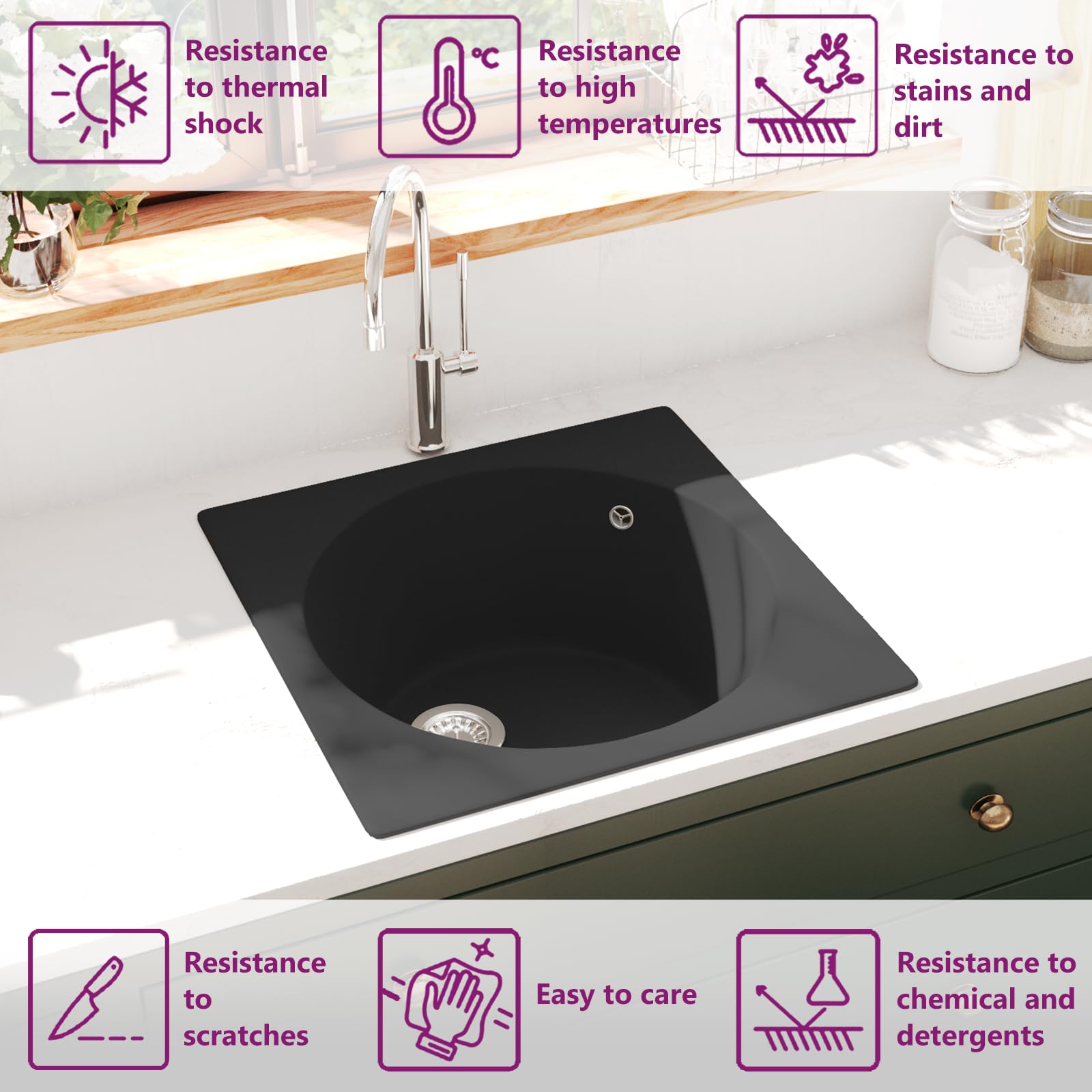 vidaXL Küchenspüle Granitspüle Schwarz Quarz 480x480 mm