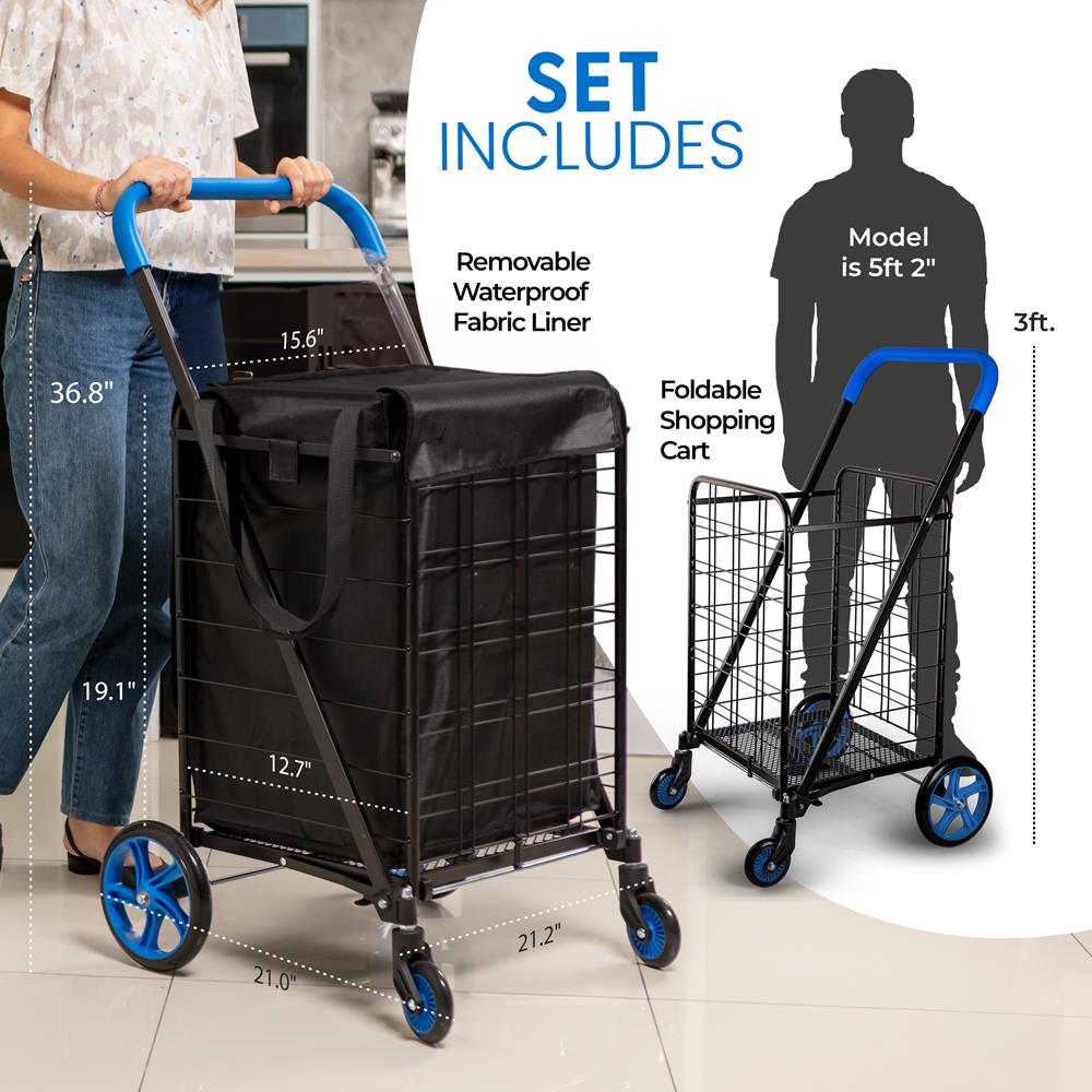 Serenelife Einkaufstrolley faltbar blau 70 lbs mit 360° Rädern