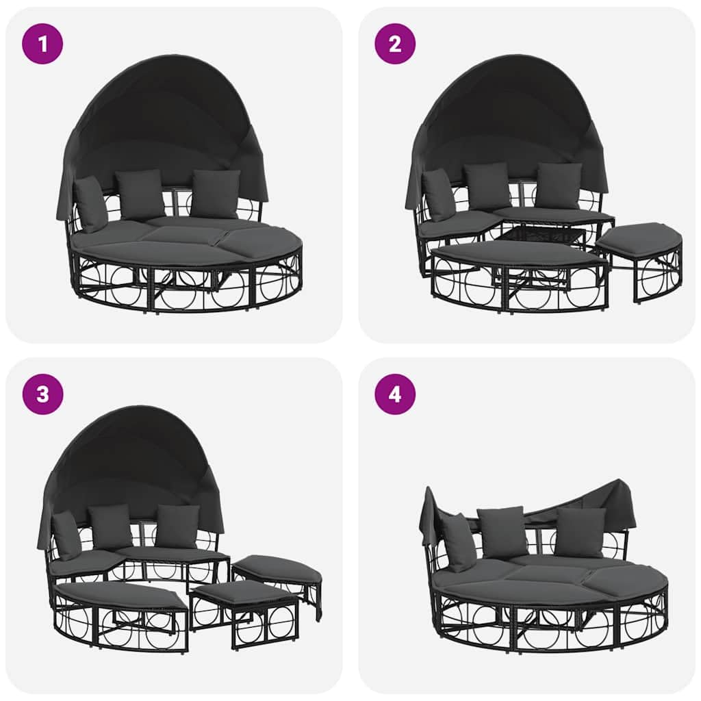 vidaXL Outdoor-Loungebett mit Dach Schwarz Poly Rattan Kissen