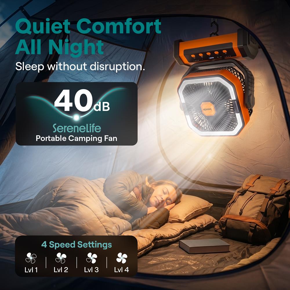 Serenelife Camping Tischventilator 20000mAh Orange mit LED