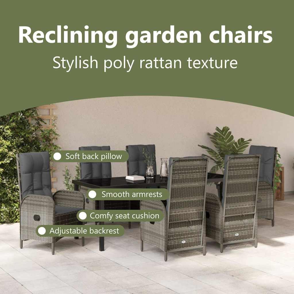 vidaXL Heim & Garten Essgruppe 7-tlg Grau Poly-Rattan Glas