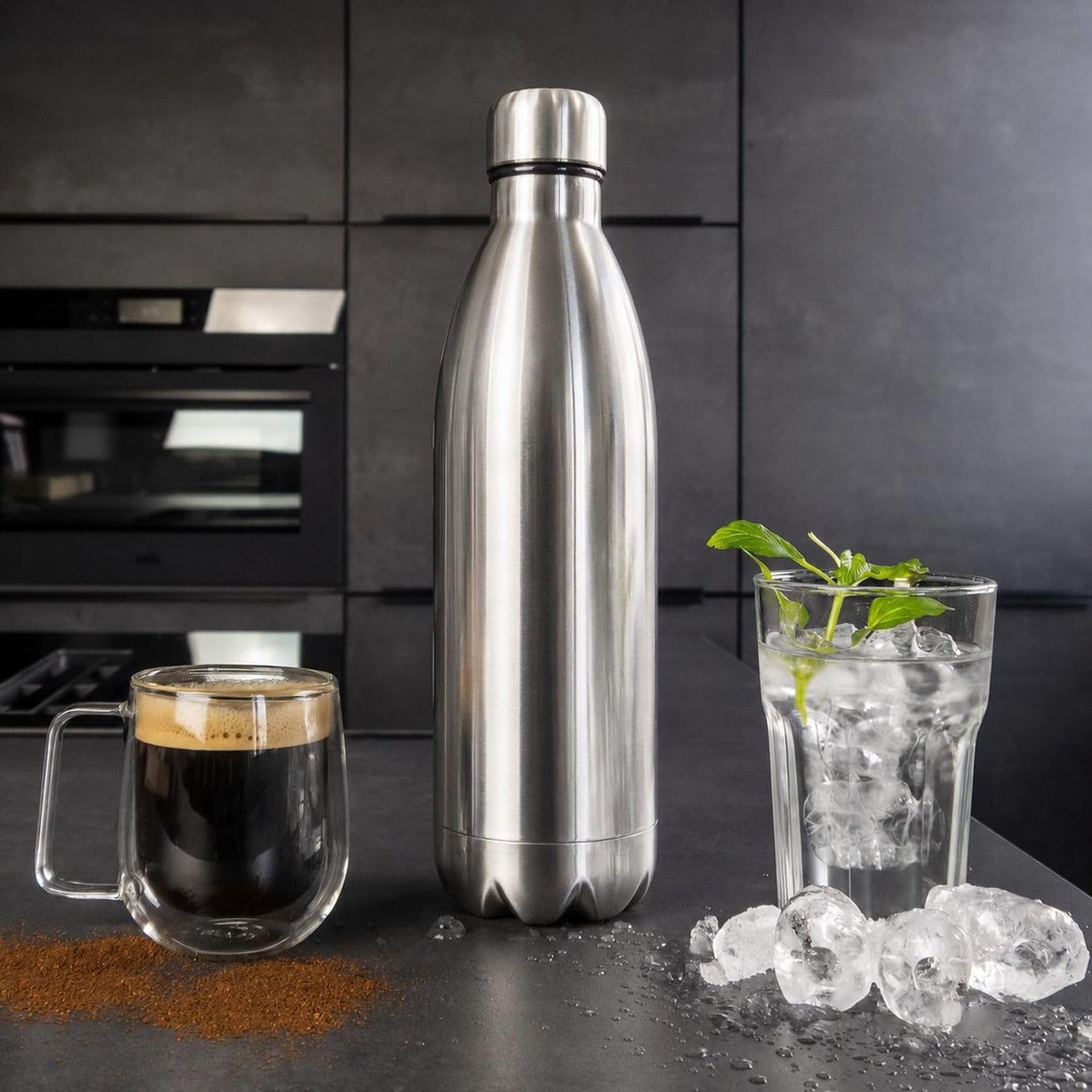 Intirilife Trinkflasche Edelstahl 1 Liter Silber Isolierflasche