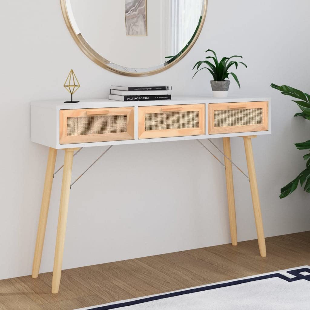 vidaXL Konsolentisch Weiß 105x30x75 Kiefer Rattan 3 Schubladen