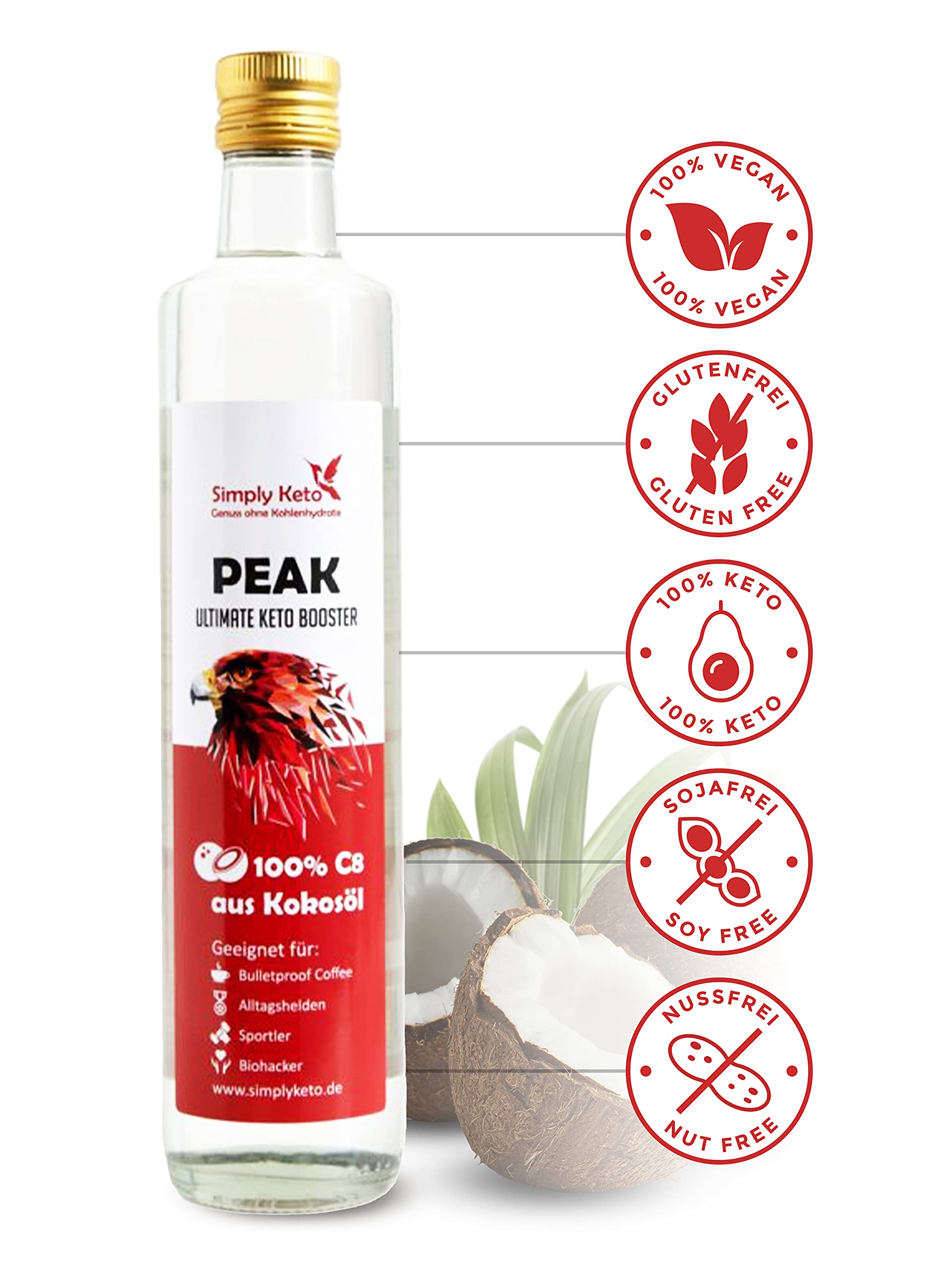 Simply Keto Peak C8 MCT Öl 500ml Kokos geschmacksneutral