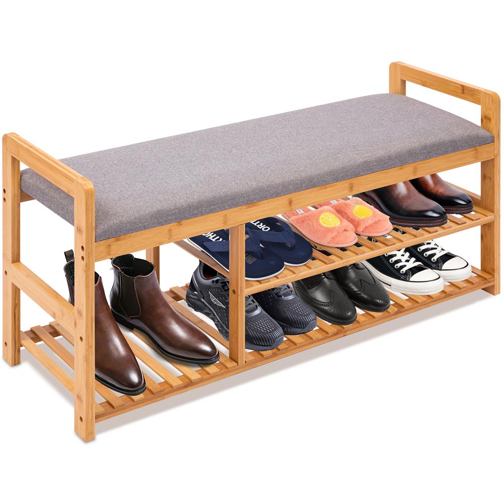 Serenelife Schuhbank Bambus 3-stufig mit Sitzkissen Natur