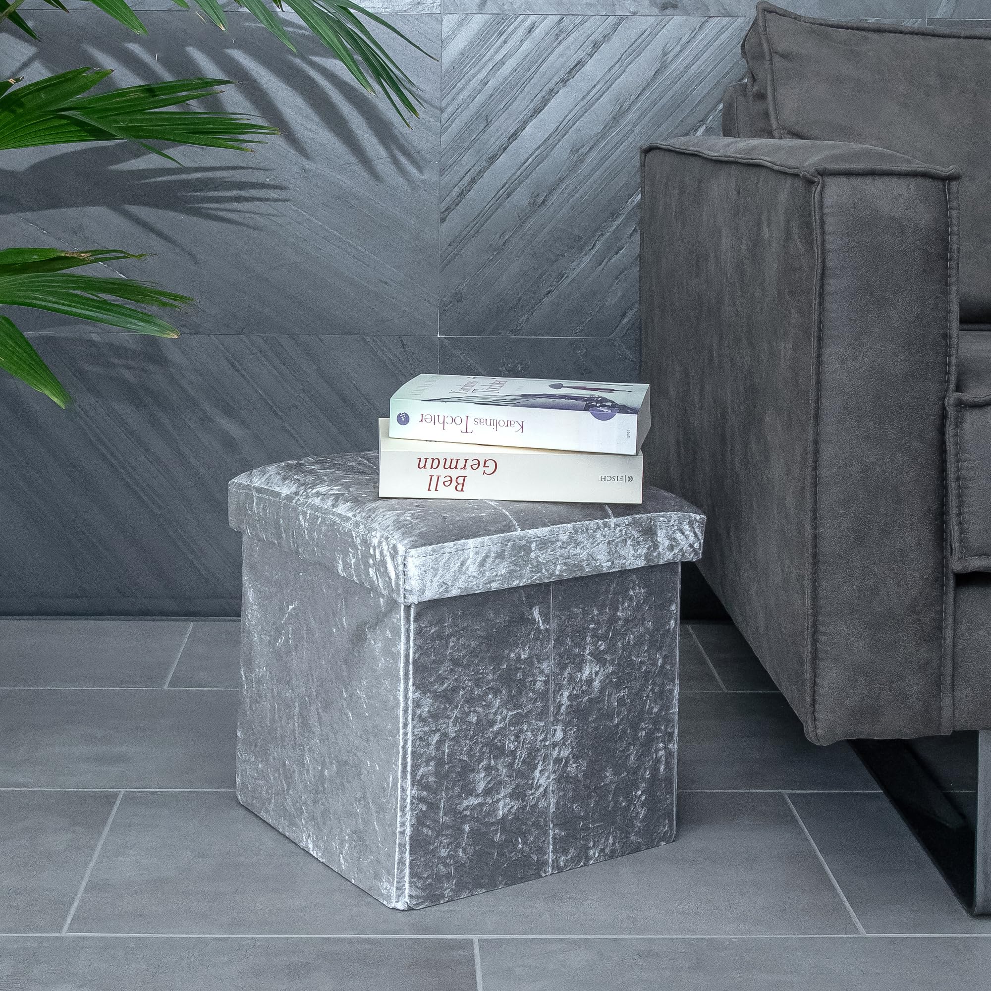 Intirilife Sitzhocker 30x30x30 Samt Blaugrau mit Stauraum
