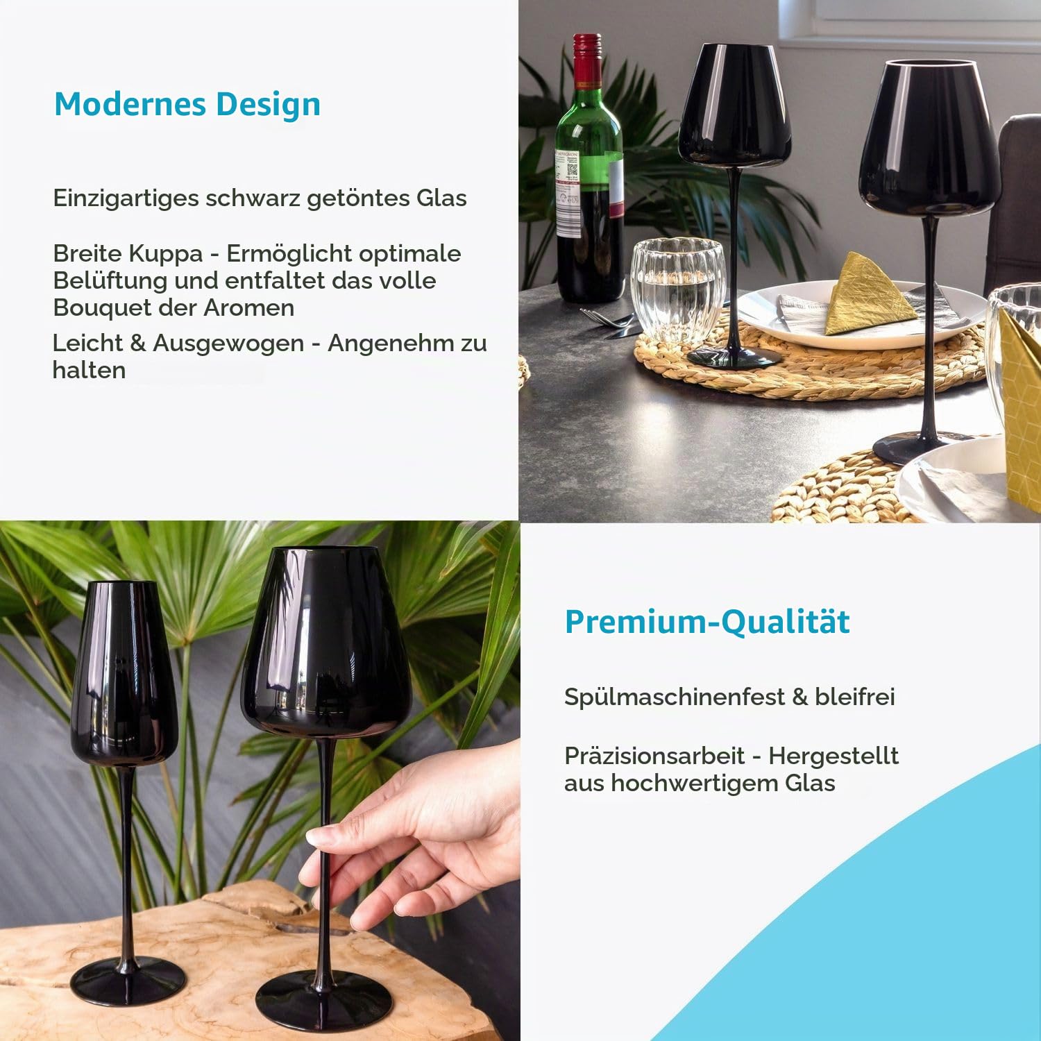Intirilife Weingläser Schwarz 500 ml 2er Set Kristallglas stoßfest