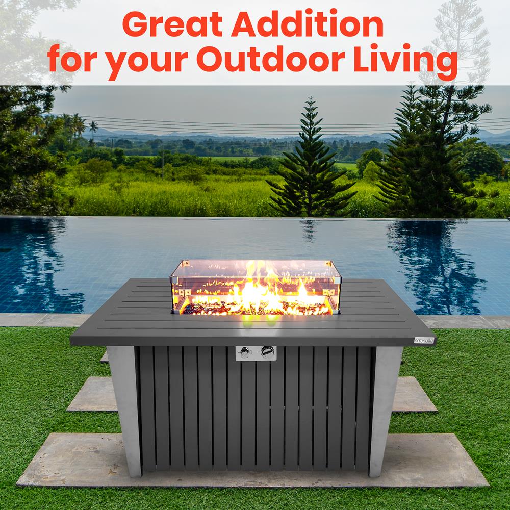 Serenelife Fire Pit Feuertisch 50.000 BTU mit Glas-Windschutz