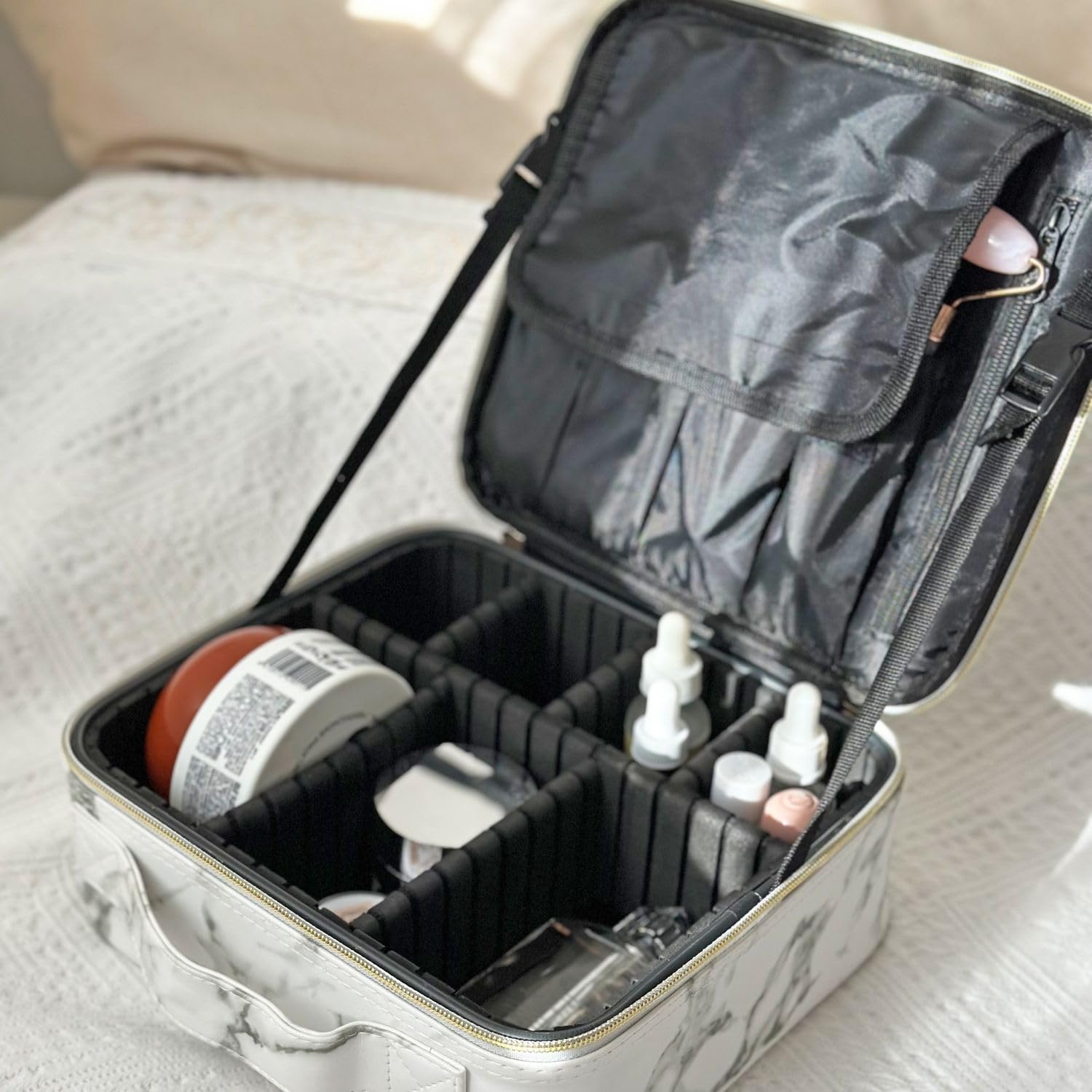 Intirilife Make Up Tasche Marmor grau-weiß 26 cm mit Fächern