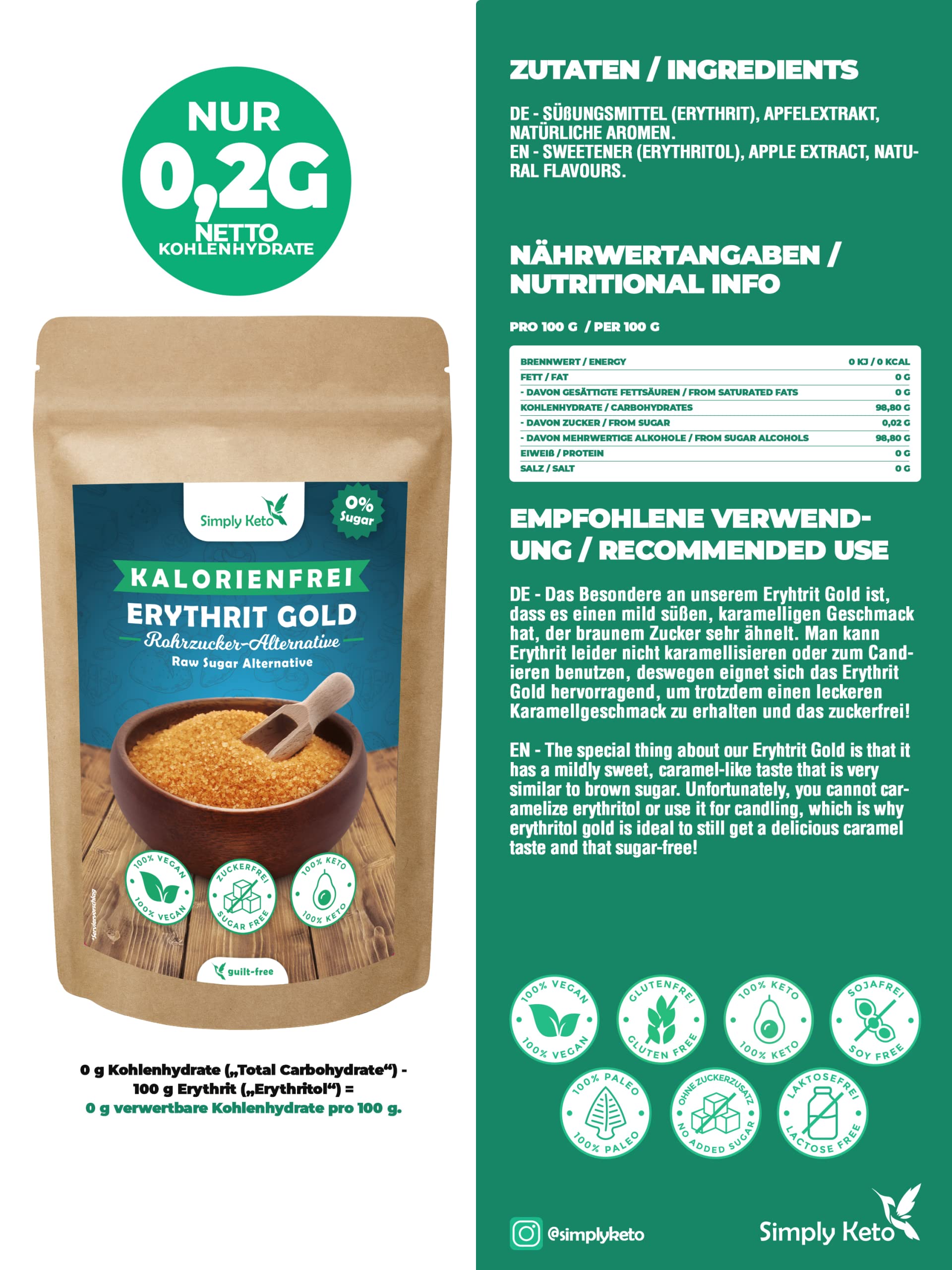 Simply Keto Erythrit Gold brauner Zuckerersatz 400 g keto