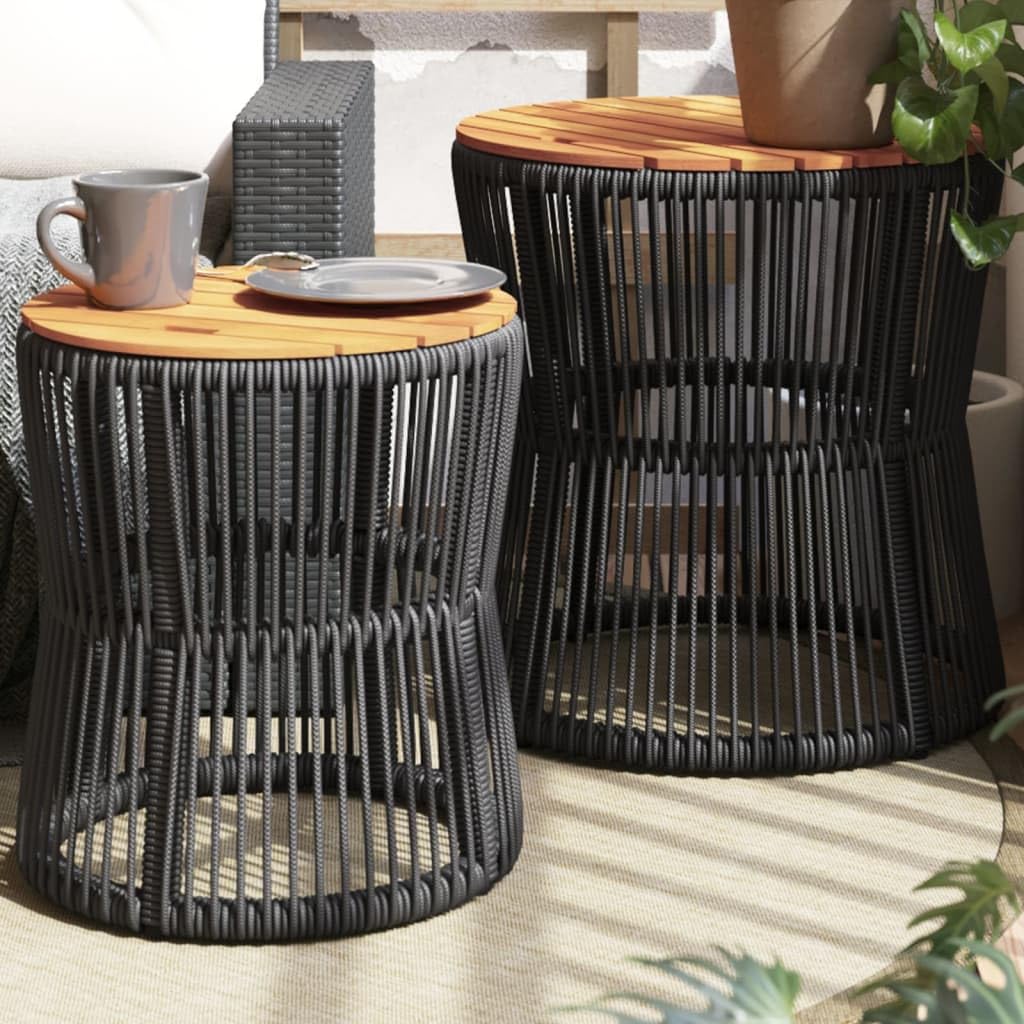 vidaXL Garten-Beistelltische Rattan 2 Stück Schwarz Holzplatte Outdoor