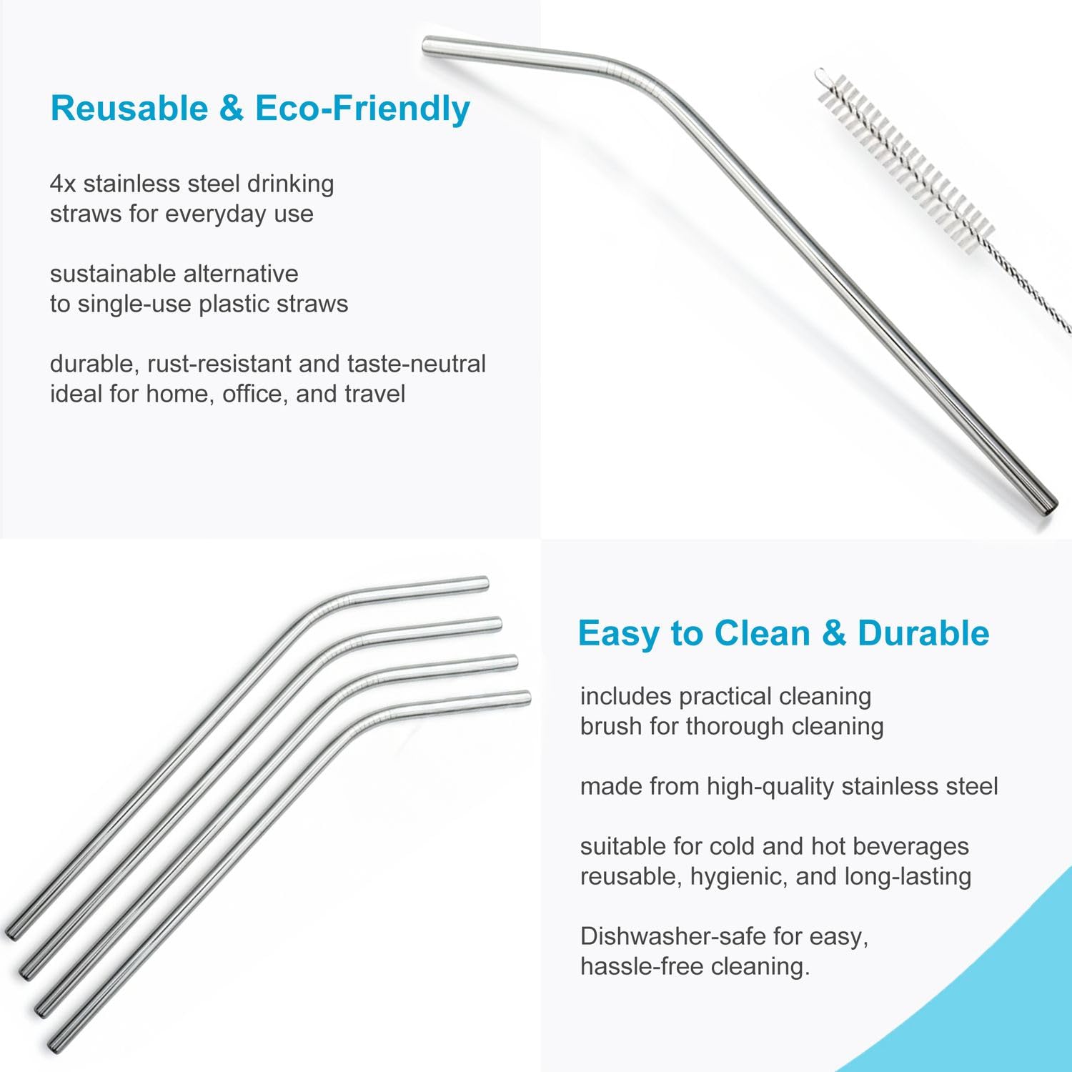 Intirilife Trinkhalme Edelstahl 4er Set 20,5 cm Silber