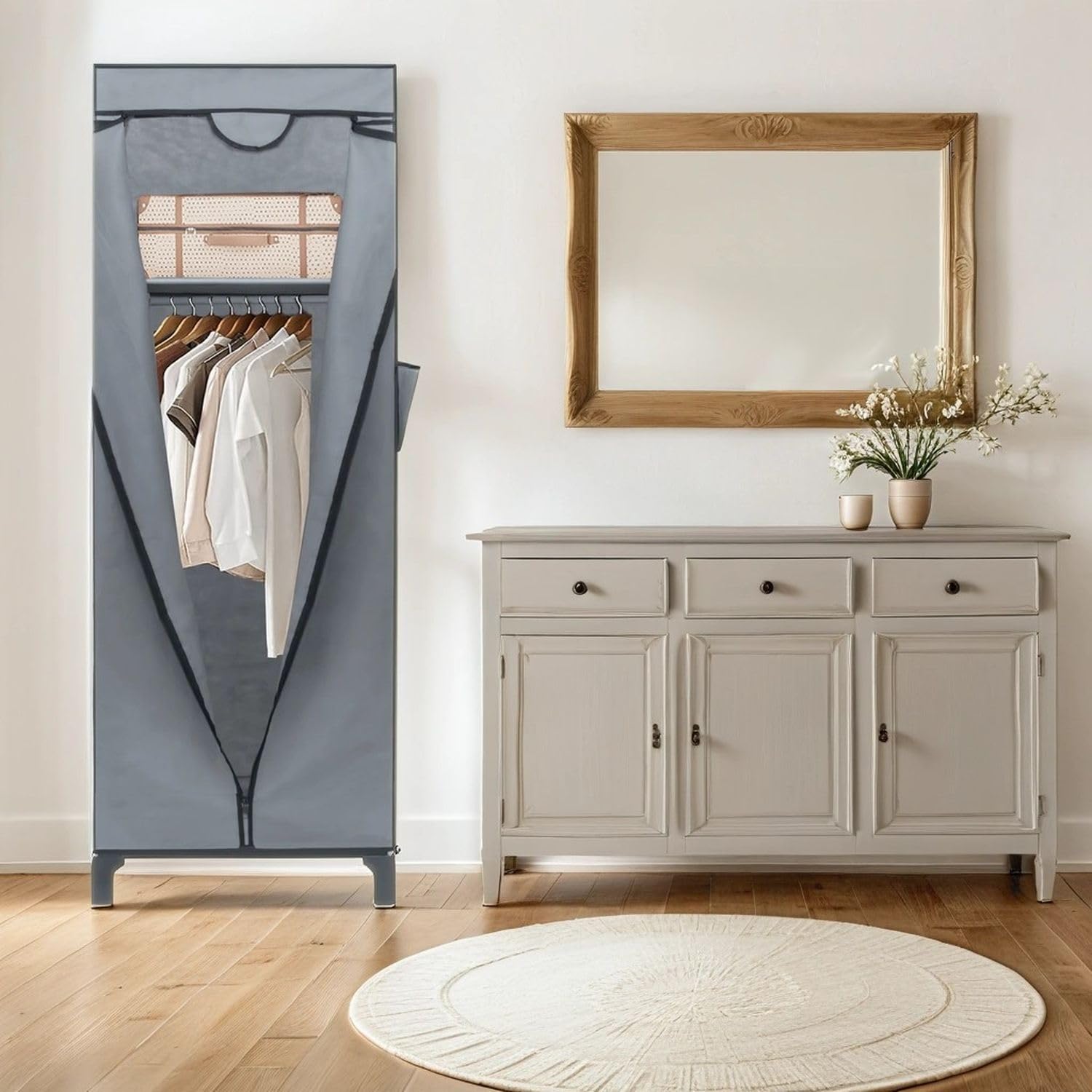 Intirilife Faltschrank 68x45x175cm Grau Stoff mit Stange