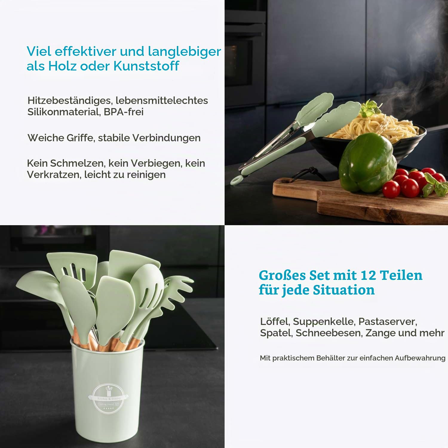 Intirilife Küchenhelfer Set Silikon Mintgrün 12-teilig mit Eimer