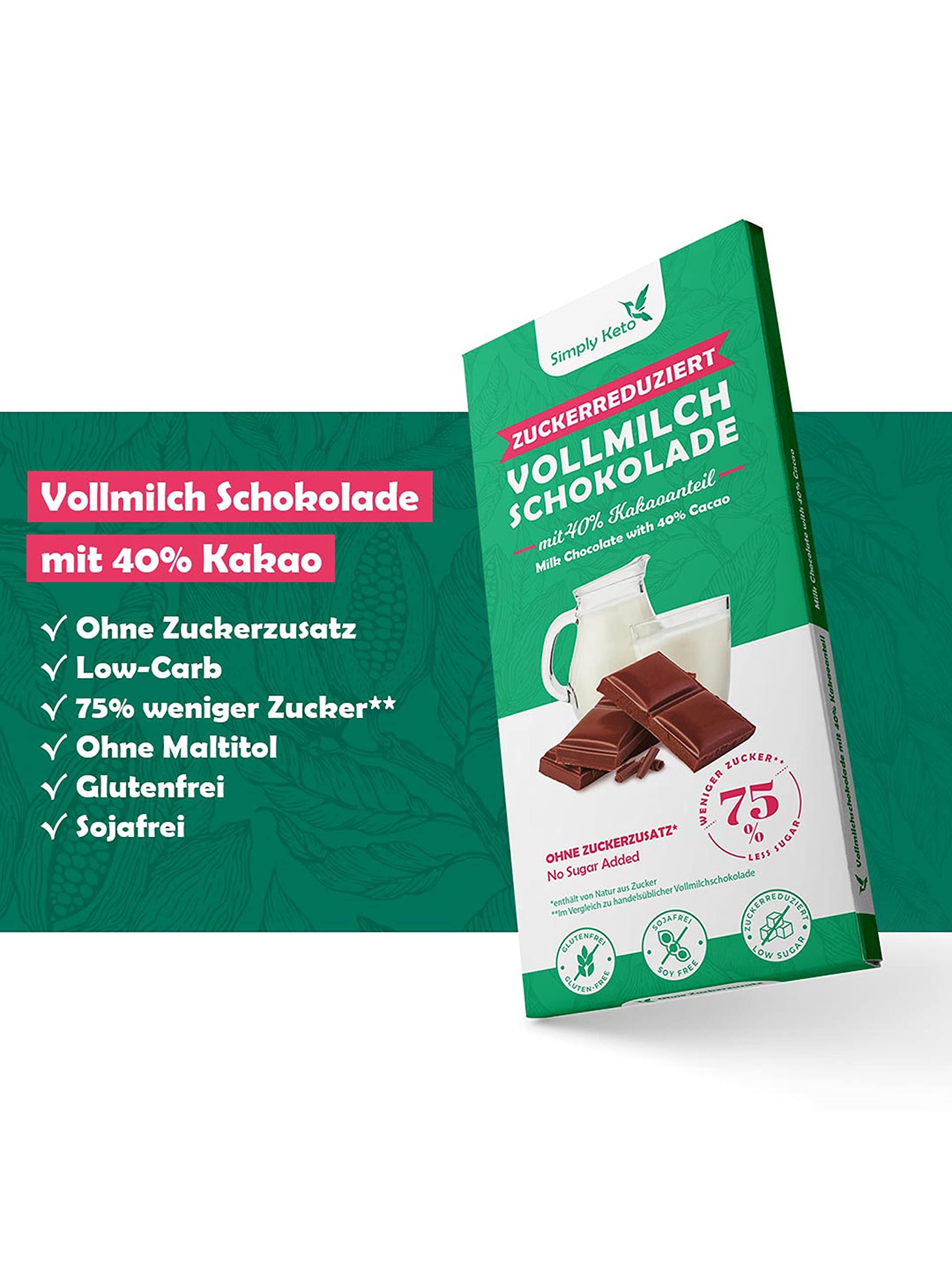Simply Keto Vollmilch Schokolade 40% Kakao zuckerfrei 1 Stück