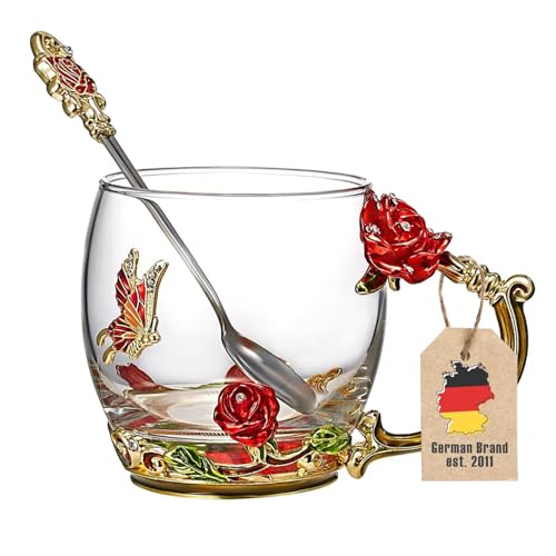 Intirilife Schmetterling Blumentasse Glas 330 ml mit Löffel
