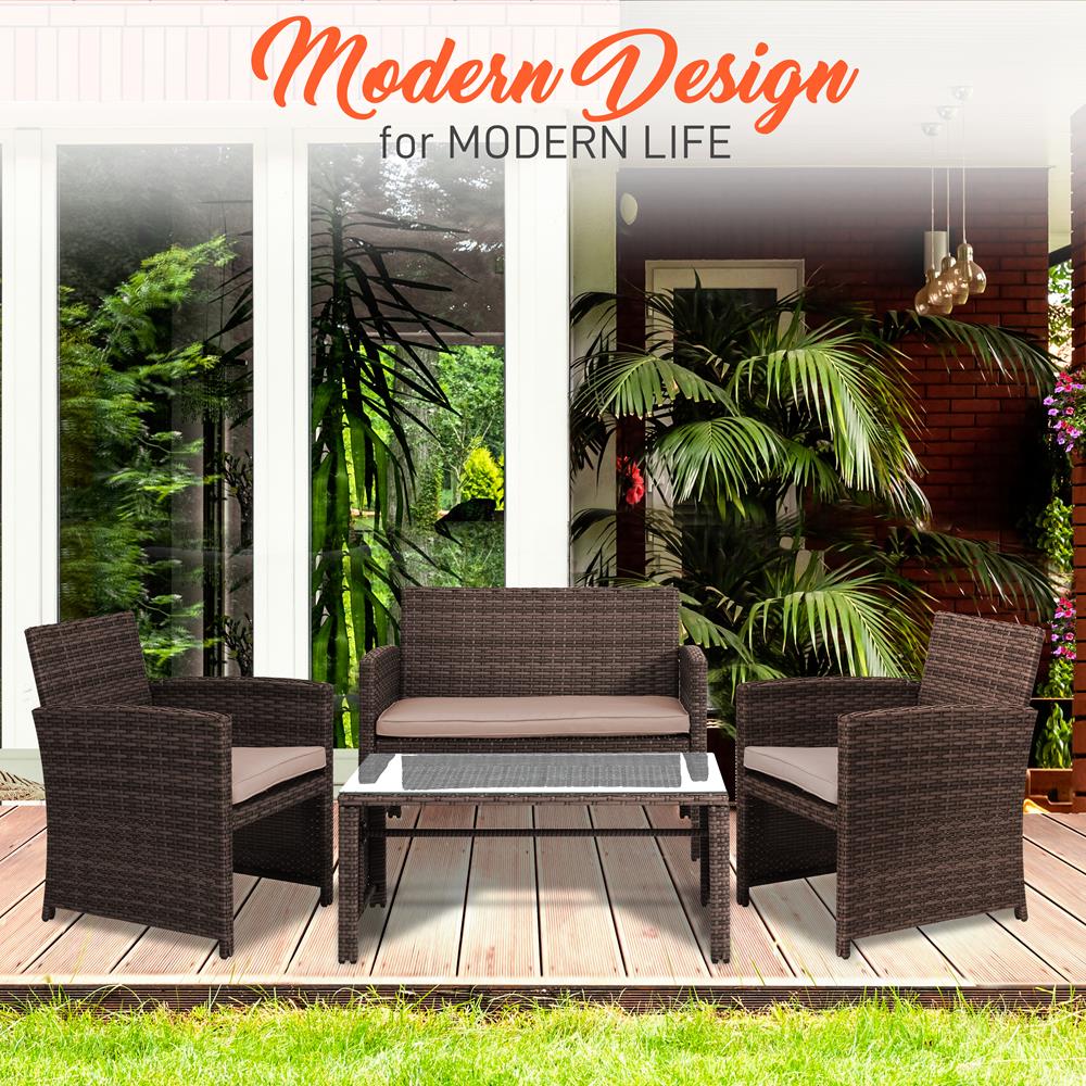 Serenelife Rattan Sitzgruppe 4-teilig Braun Beige Kissen Glastisch
