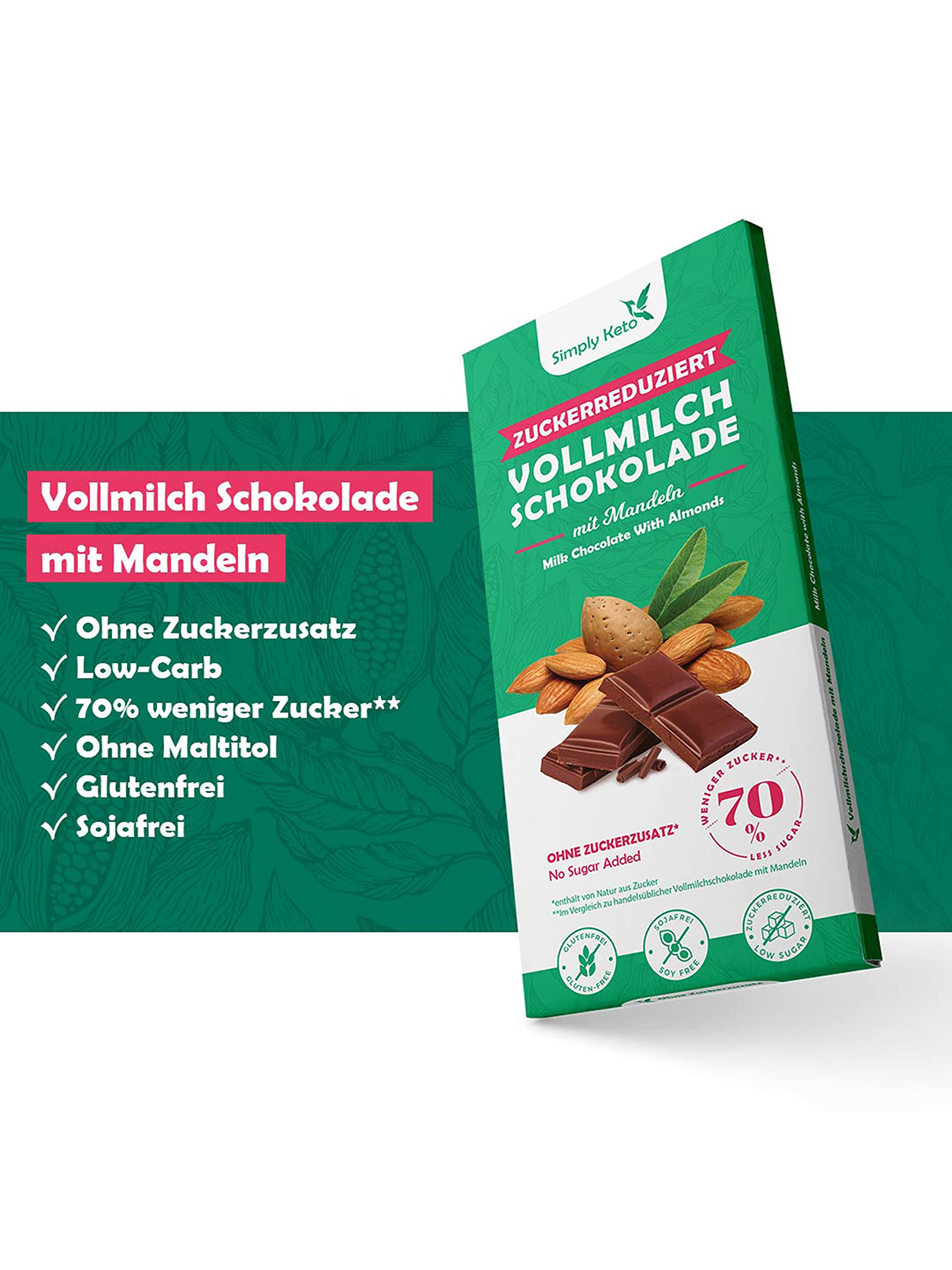 Simply Keto Süße Snacks Schokolade Mandel 40% Kakao