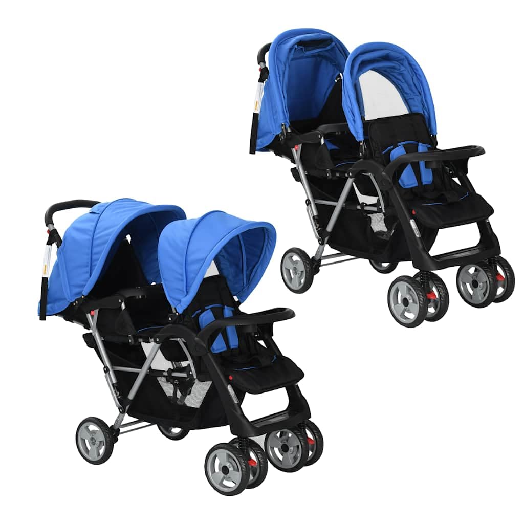 vidaXL Baby Tandem-Kinderwagen Stahl Blau für 2 Kinder