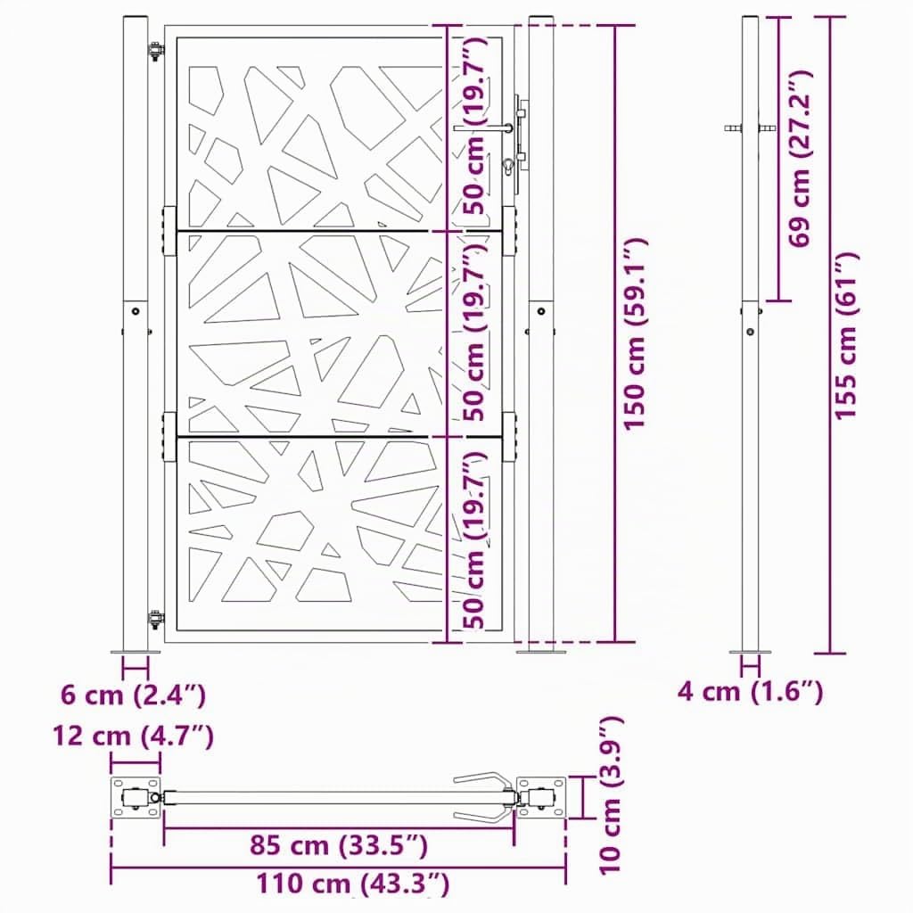 vidaXL Gartentor Schwarz Stahl Abschließbar 100x150 cm