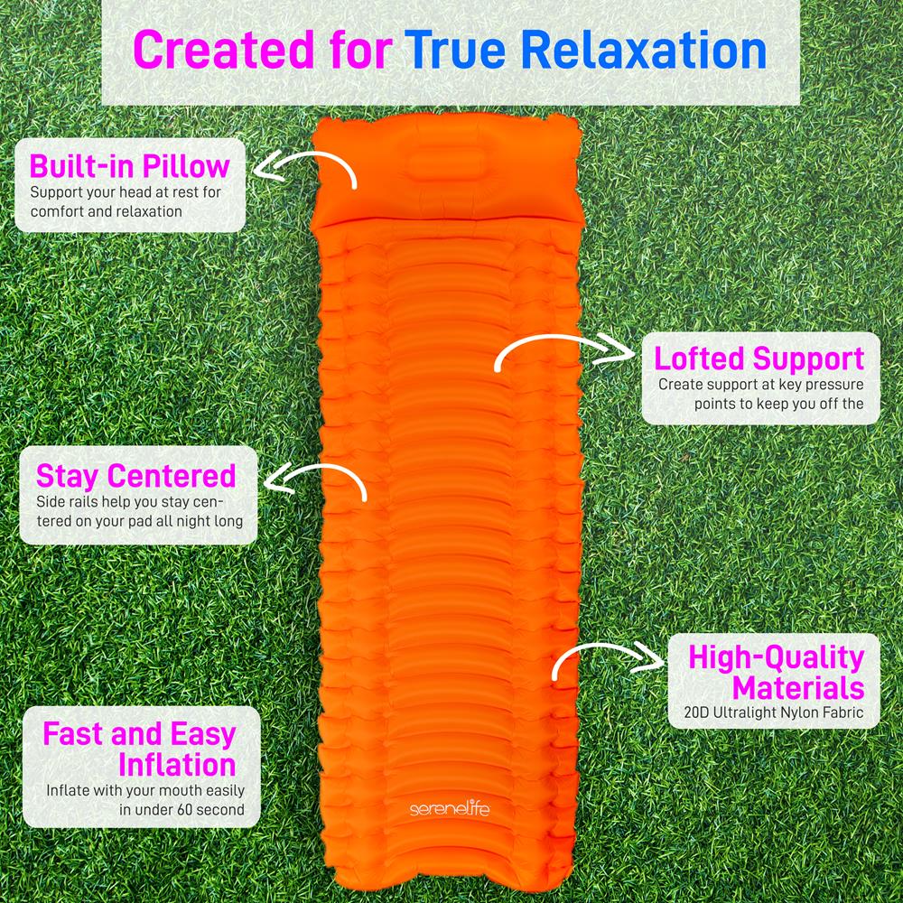 Serenelife Camping Schlafmatte Orange mit Kissen Nylon